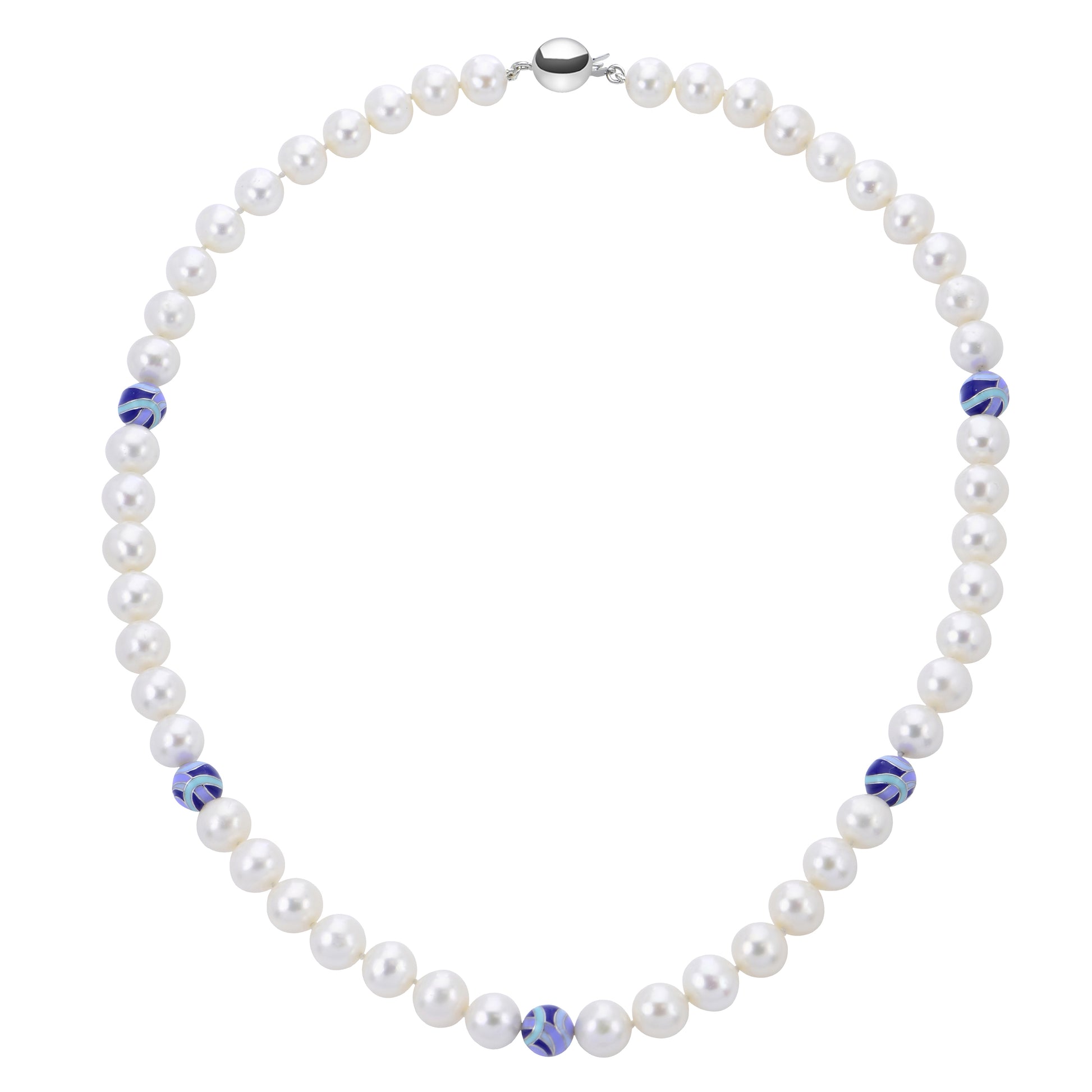 Sterling Silver Freshwater Pearl Necklace with Blue Enamel Beads