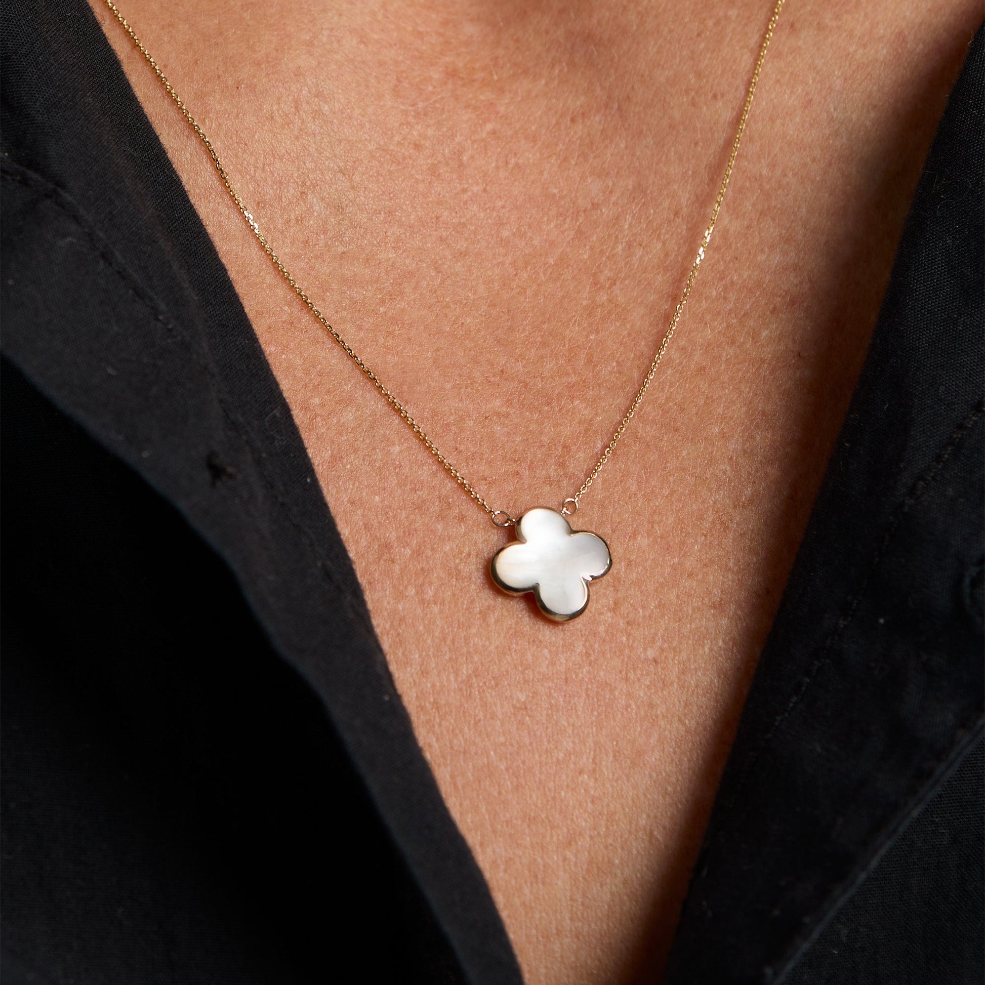Yellow Gold Mother of Pearl Clover Necklace - On Neck
