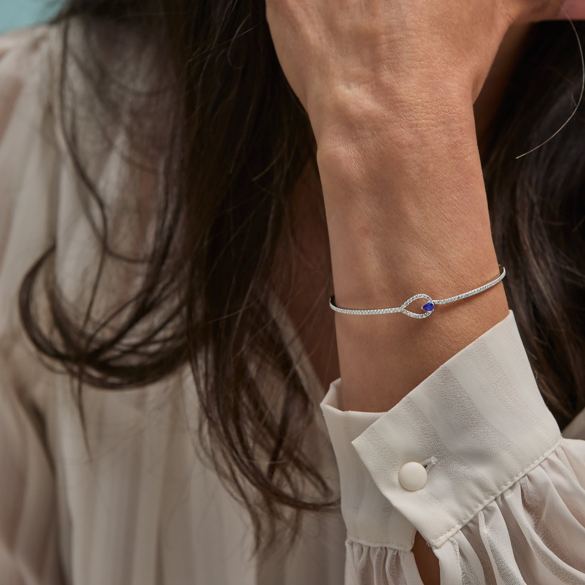 White Gold Diamond and Blue Sapphire Bangle - Styled