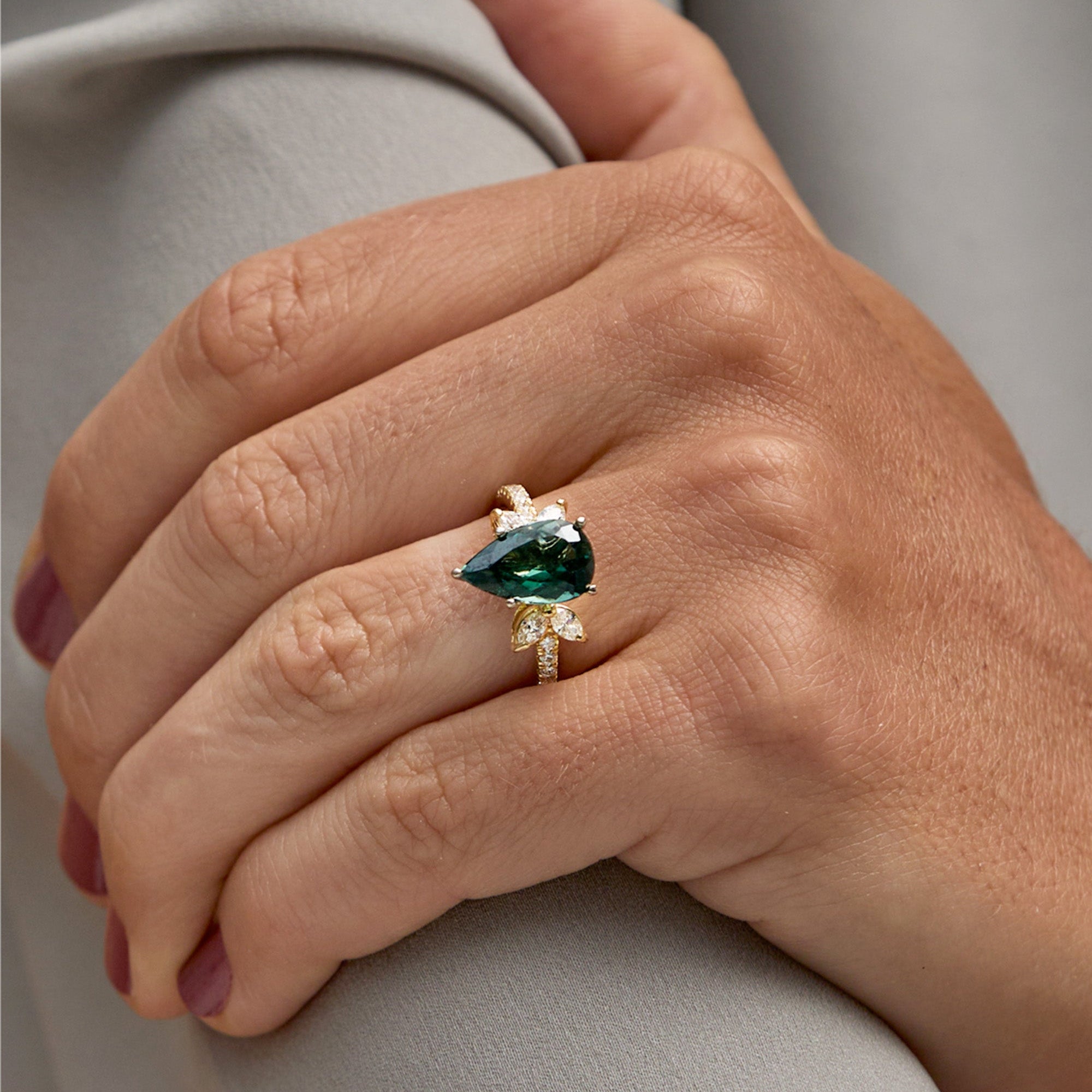 Yellow Gold Pear Cut Tourmaline Ring  - Close Up