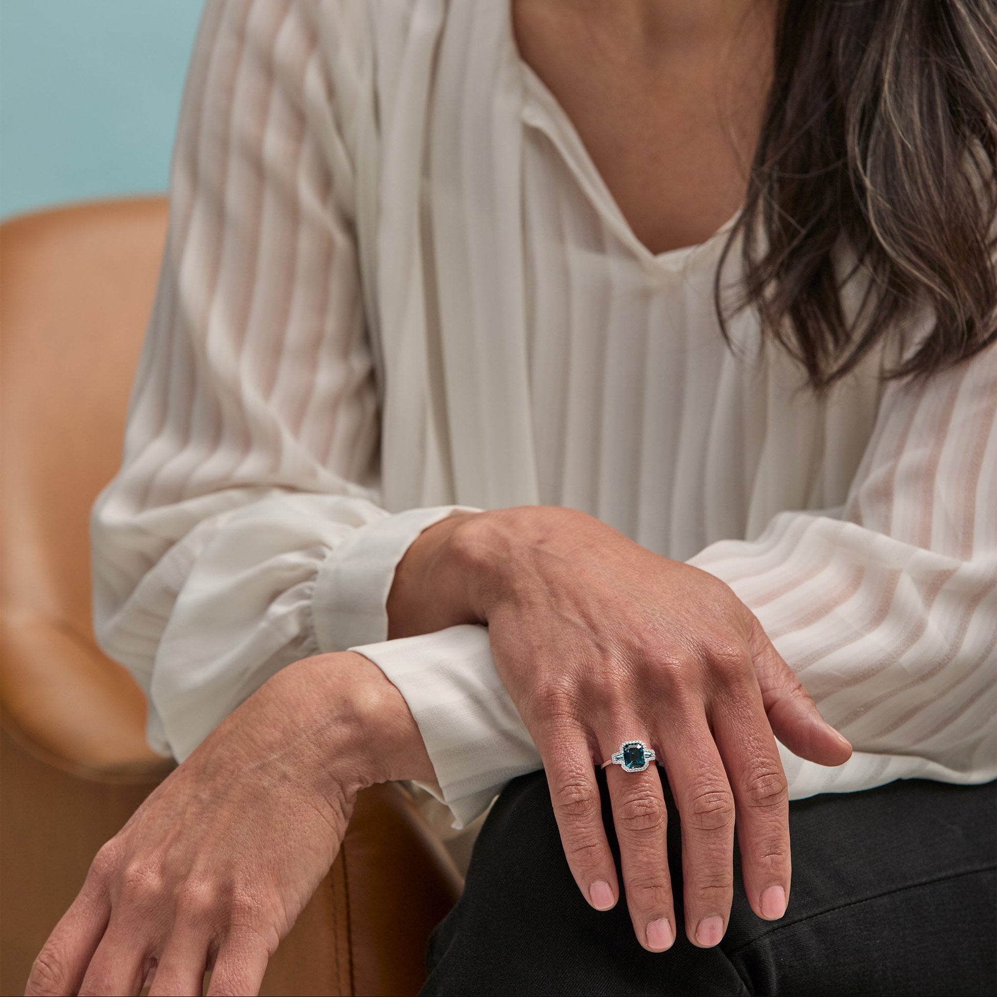 White Gold Emerald Cut Blue Topaz Ring  - Elegant Styling