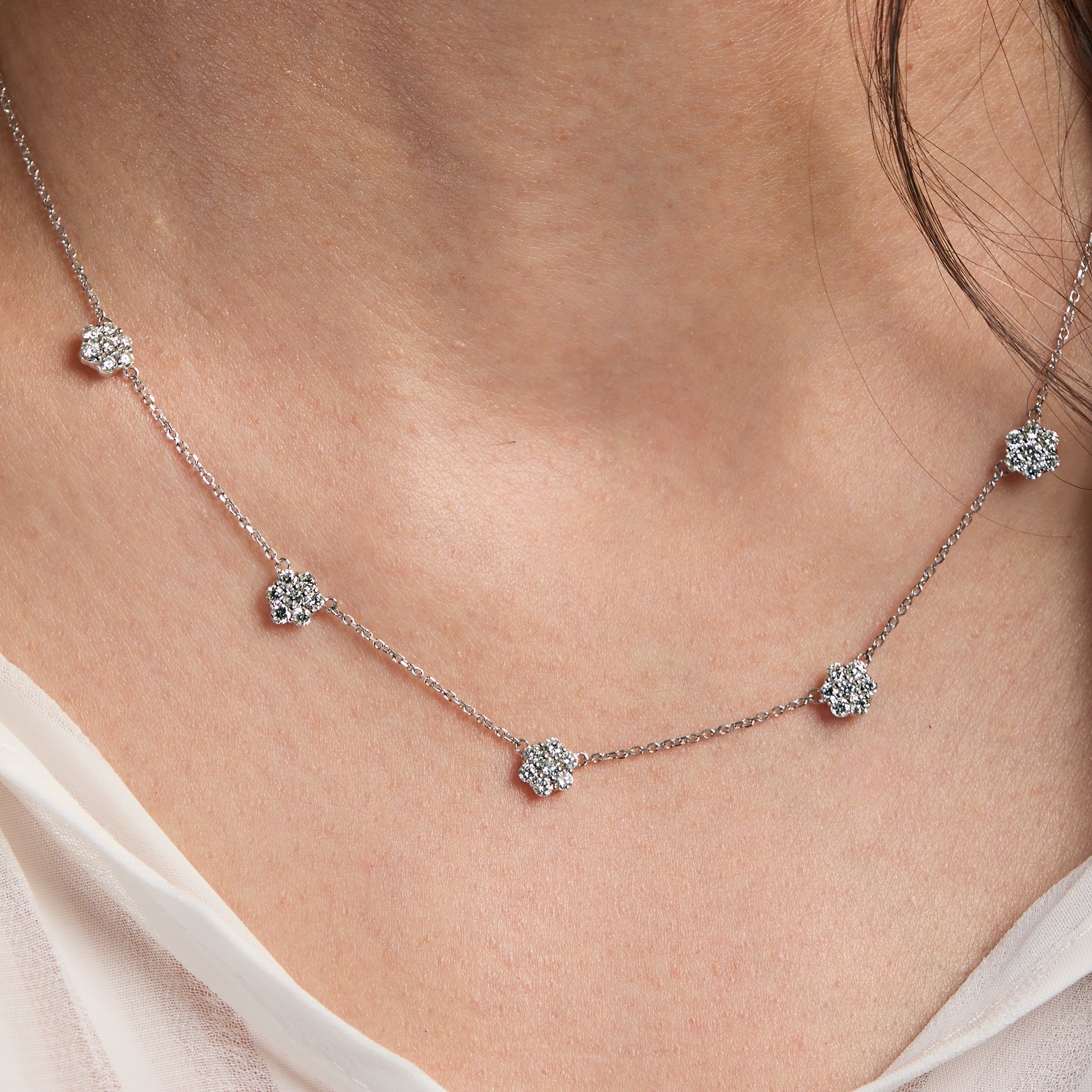 White Gold Flower Diamond Dangle Necklace - On Neck