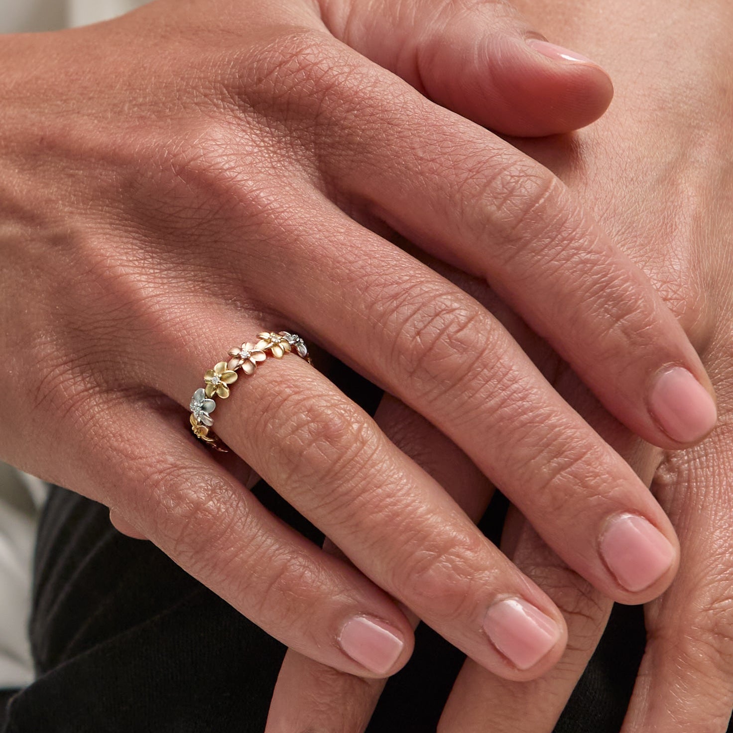 Tri Gold Plumeria Diamond Ring  - On Hand