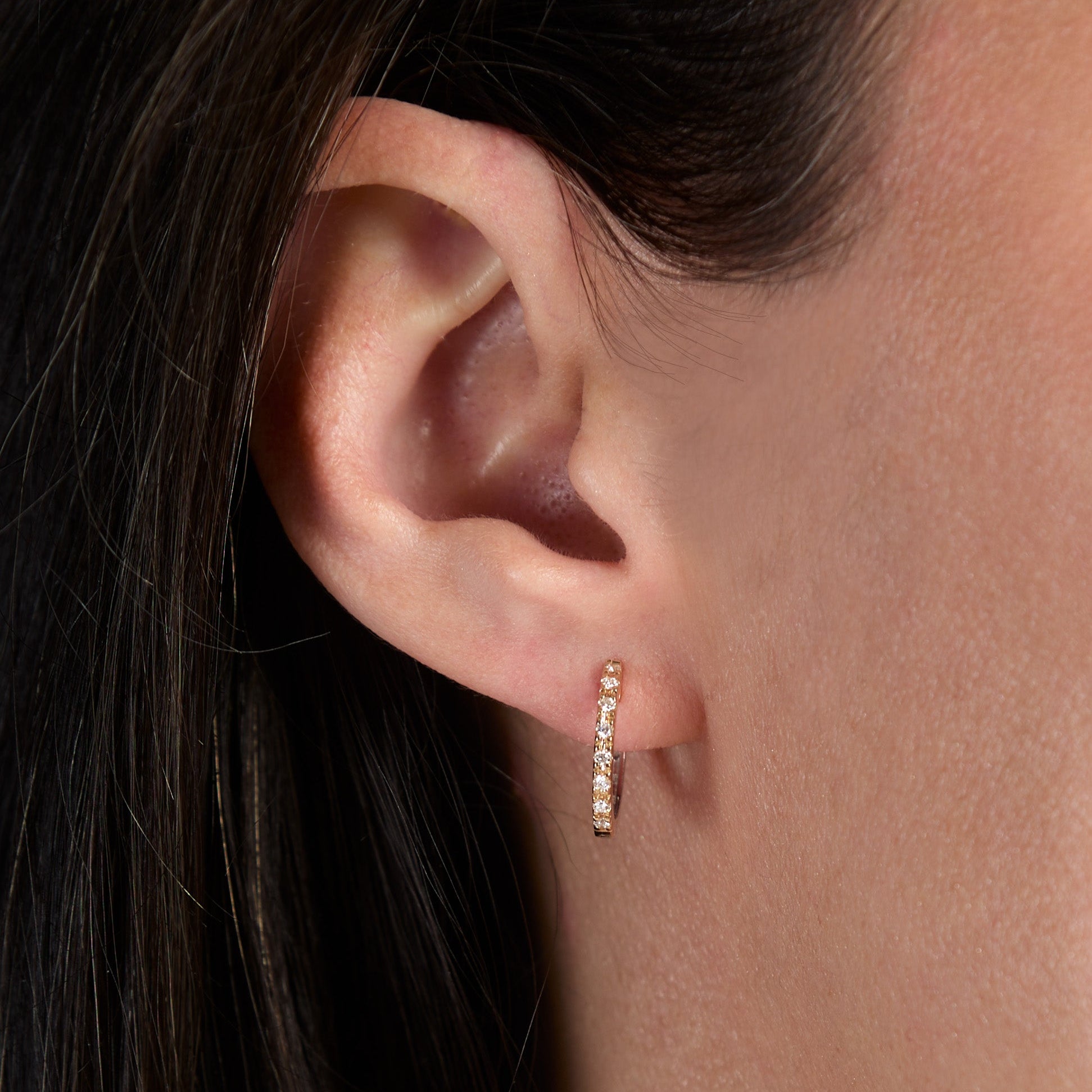 Two Tone Diamond Huggie Earrings - On Ear