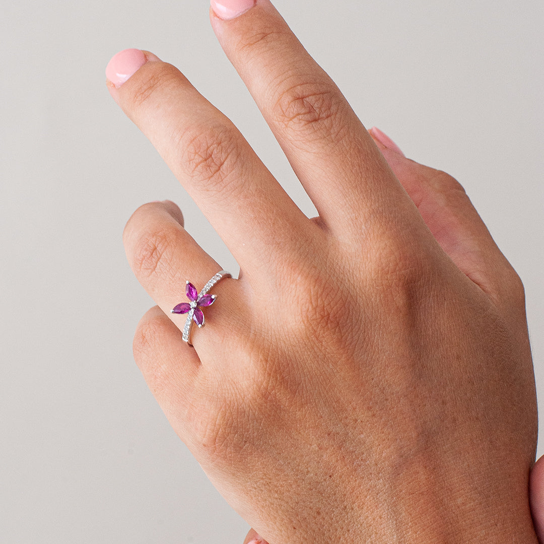 White Gold Clover Ruby Ring - On Hand