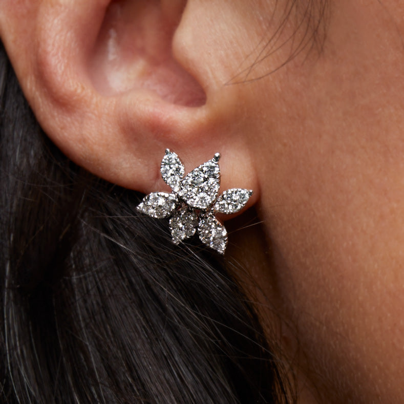 White Gold Diamond Petal Studs - On Ear