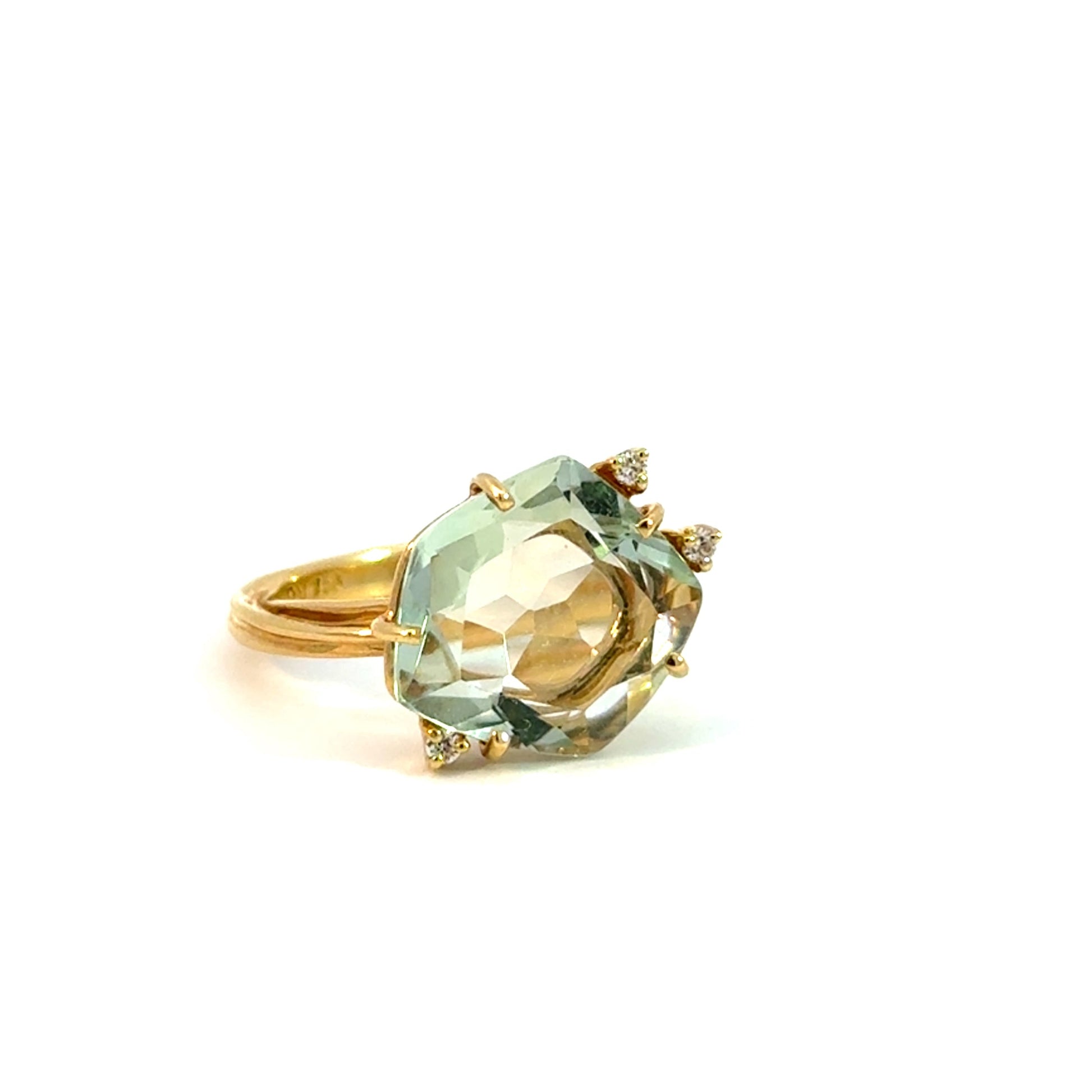 Yellow Gold Prasiolite Ring with Diamonds - Another Angle