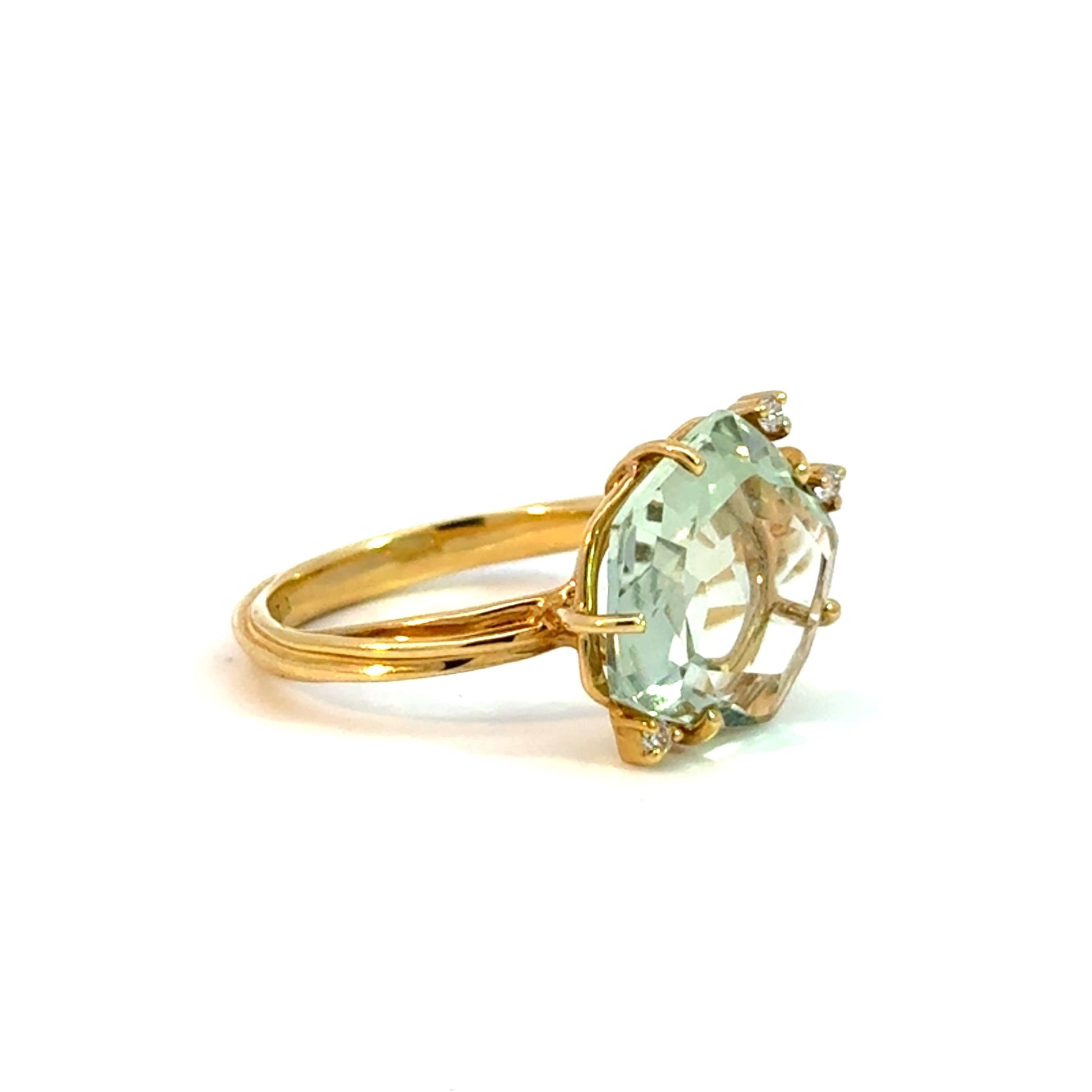 Yellow Gold Prasiolite Ring with Diamonds - Side View