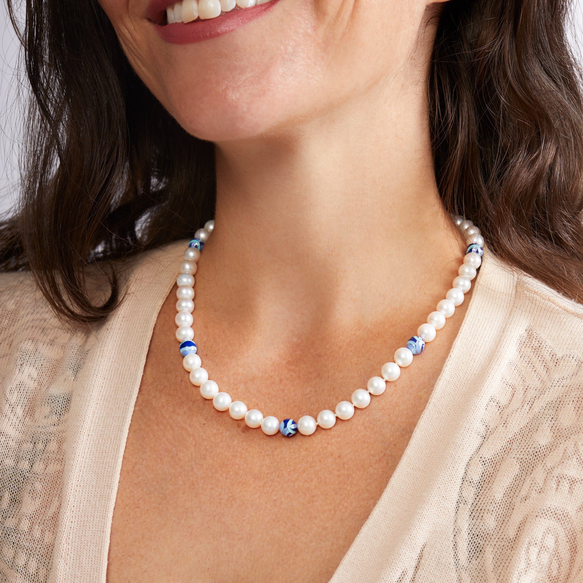 Sterling Silver Freshwater Pearl Necklace with Blue Enamel Beads - On The Neck