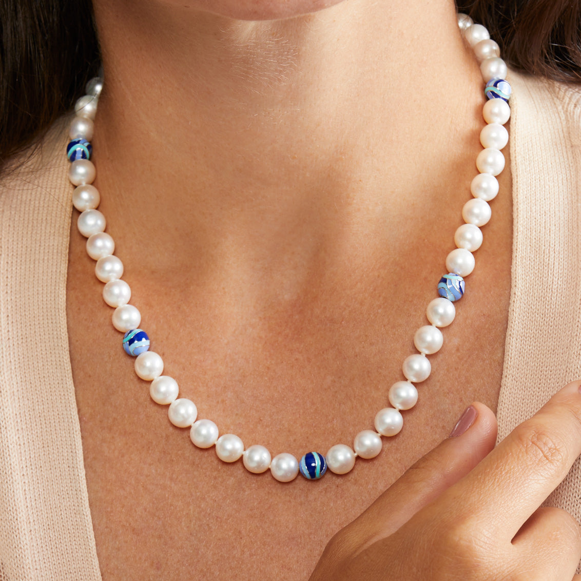 Sterling Silver Freshwater Pearl Necklace with Blue Enamel Beads - Styled
