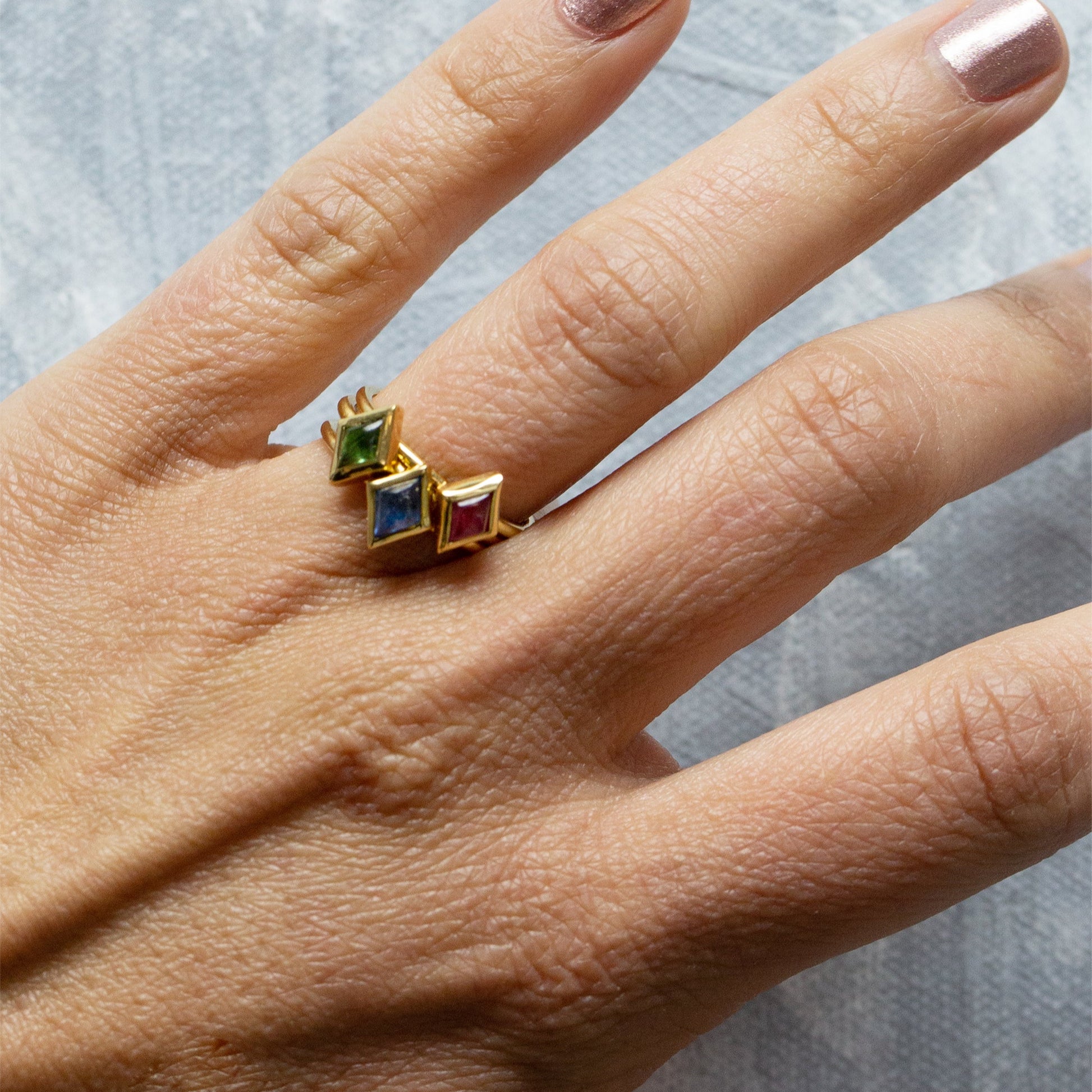 Yellow Gold Gumdrop Ring with Sapphire or Tourmaline - Size 7 - on Hand