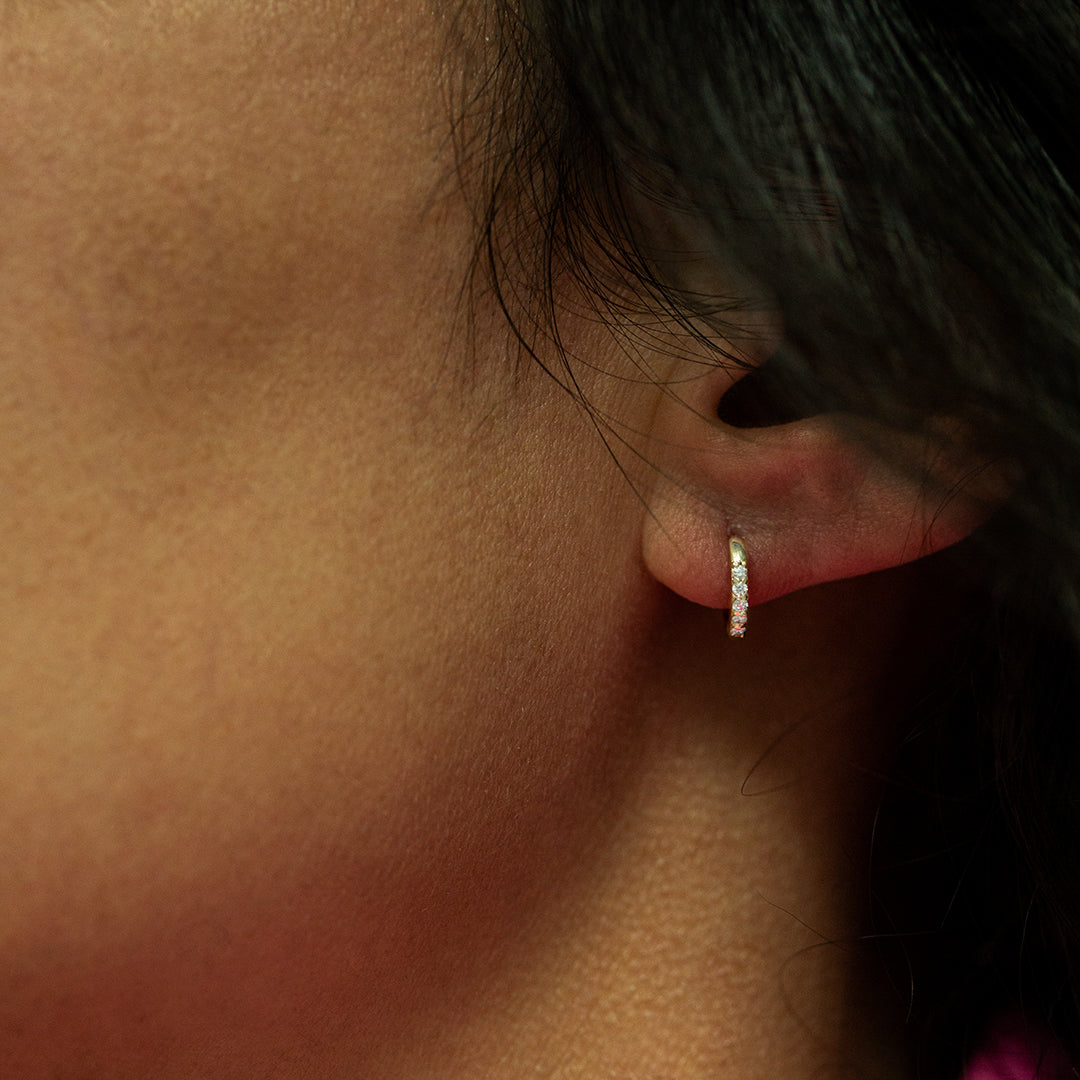 Yellow Gold Diamond Huggie Hoop Earrings - Close Up