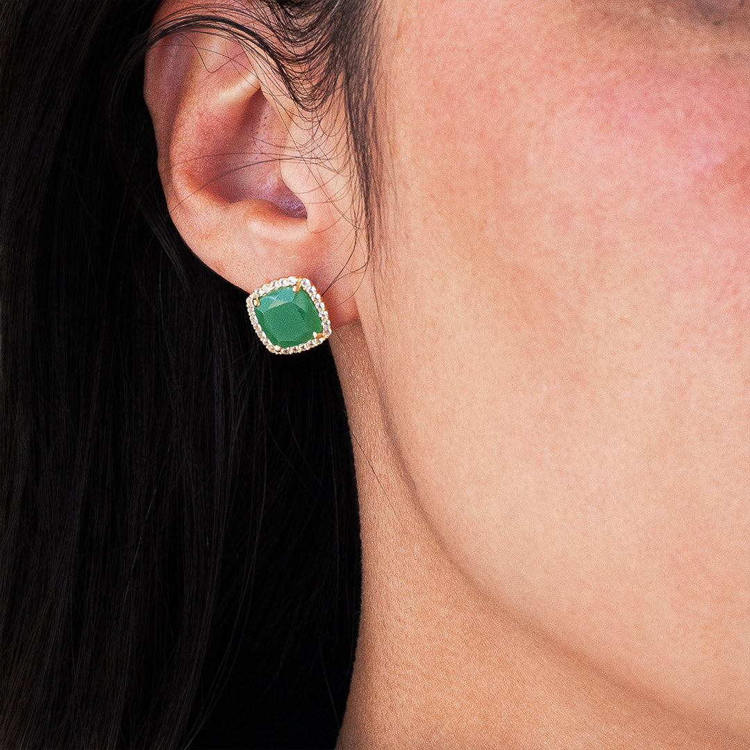 Gold Vermeil Green Quartz and White Topaz Studs - On Ear