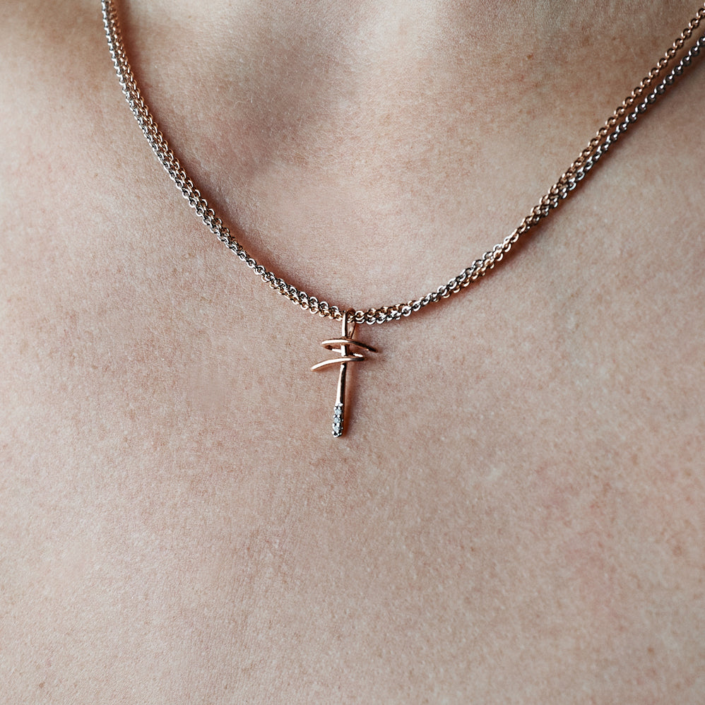 Rose Gold Vermeil Modern Diamond Cross Pendant - On Neck