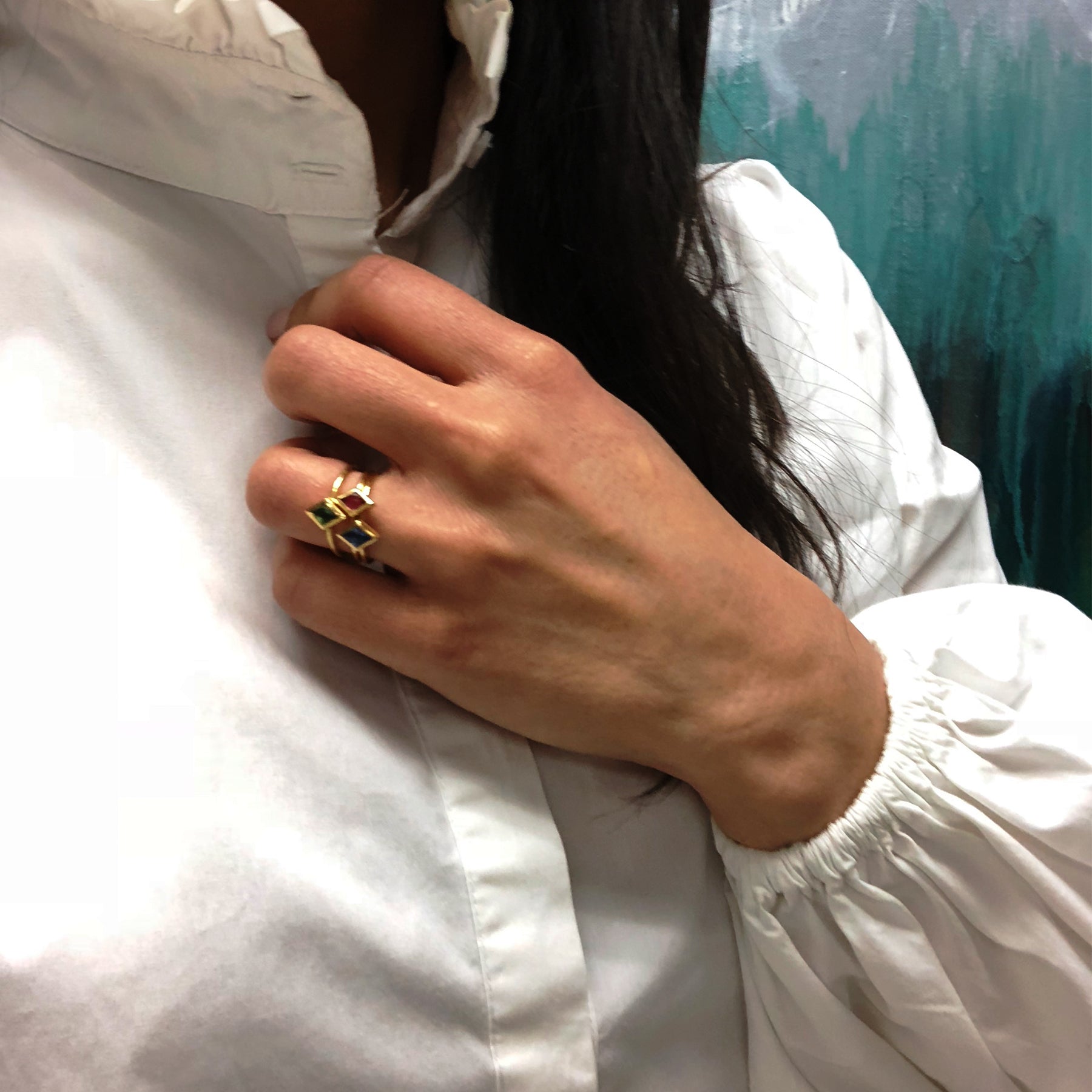 Yellow Gold Gumdrop Ring with Sapphire or Tourmaline - Size 7 - Styled