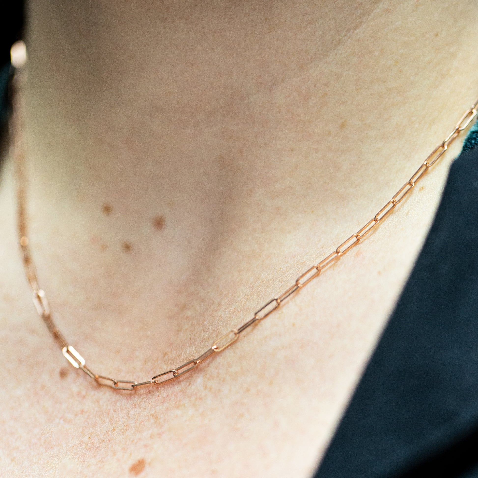 14k Rose Gold Paperclip Chain Necklace – 16" - On Neck
