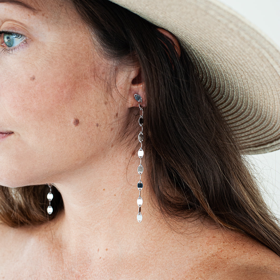 Sterling Silver Dangle Disk Earrings - On Ear