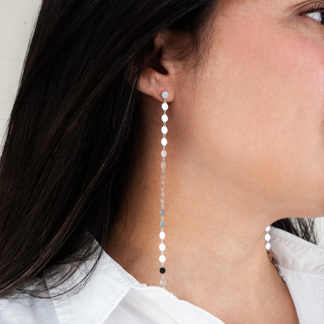 Sterling Silver Cascading Disk Drop Earrings - On the Ear
