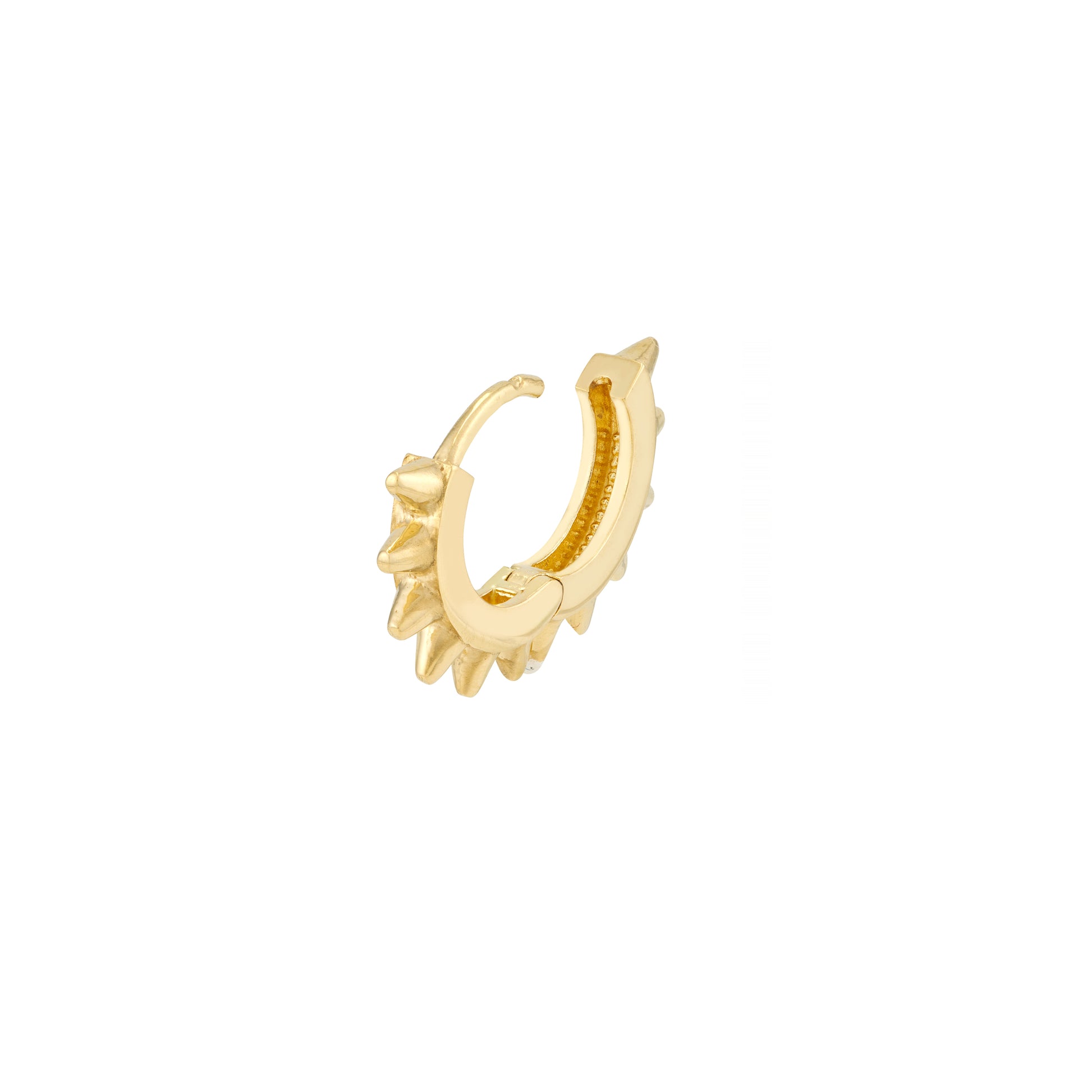 Yellow Gold Spike Huggie Earrings - Showing how they open