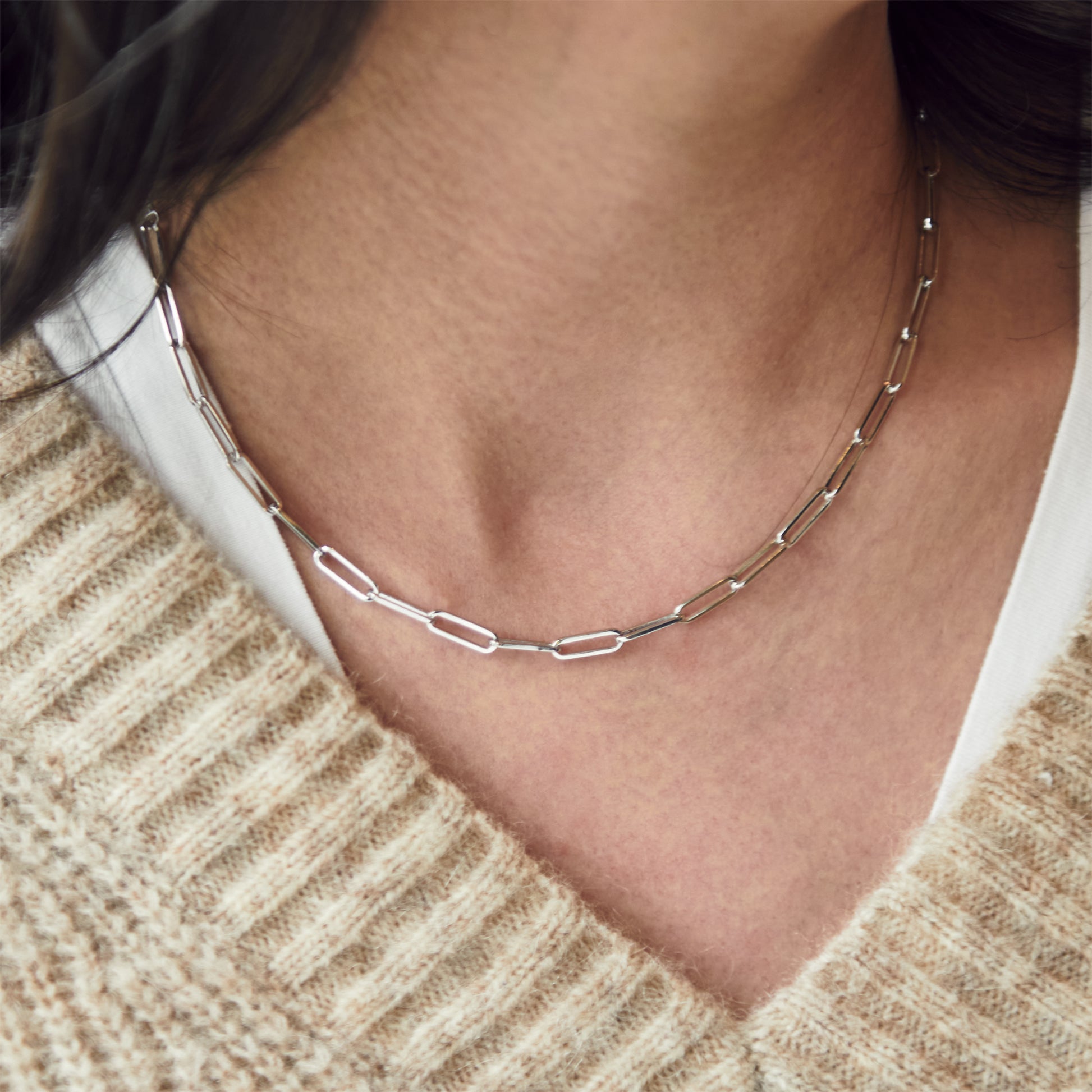 Sterling Silver Paper Clip Choker Necklace - Close Up on Neck