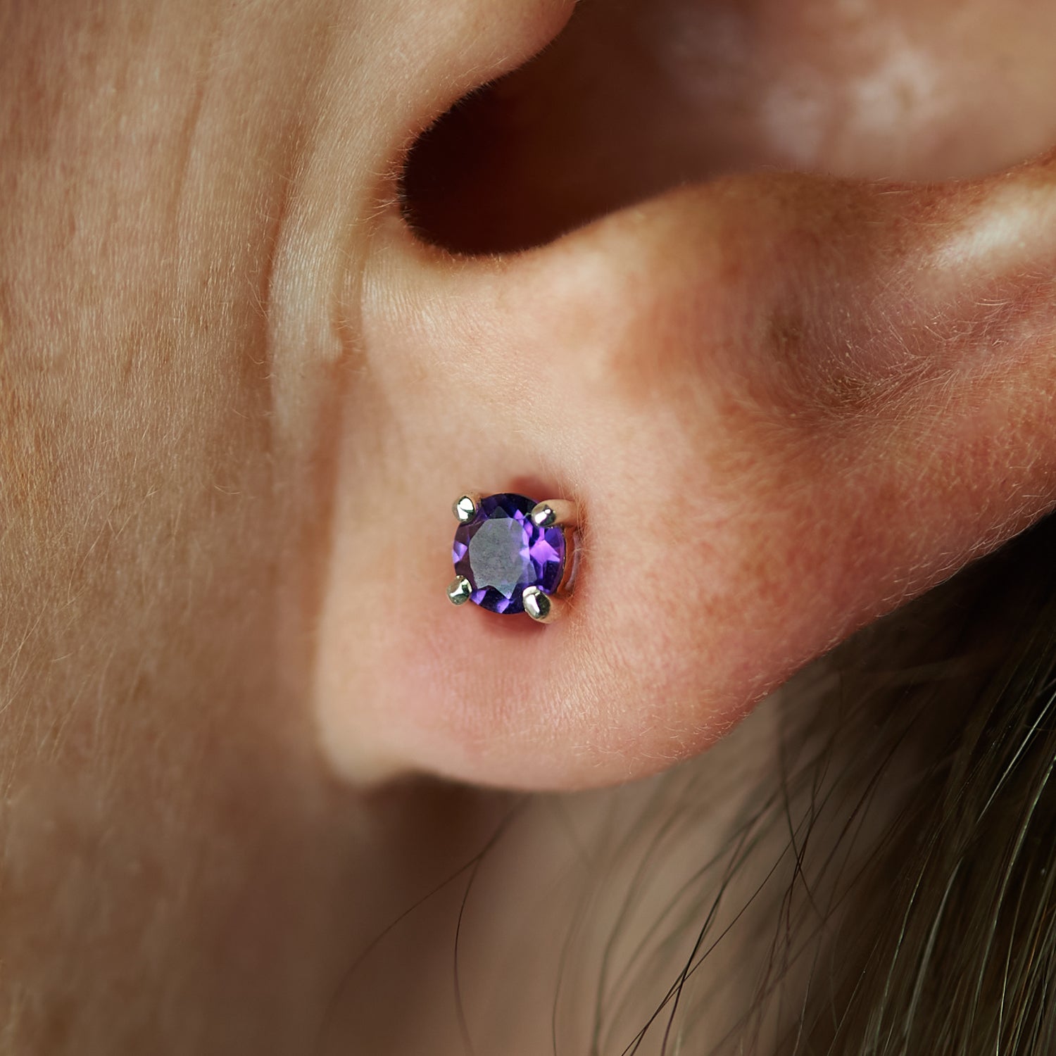 Sterling Silver Amethyst Studs - On Ear