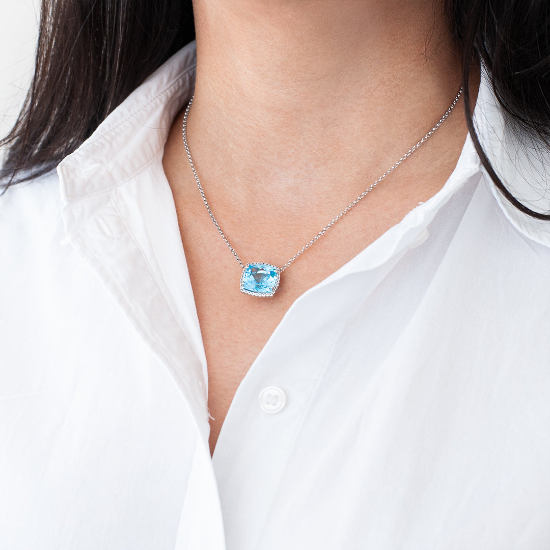Sterling Silver Cushion Cut Blue Topaz Pendant  - Styled