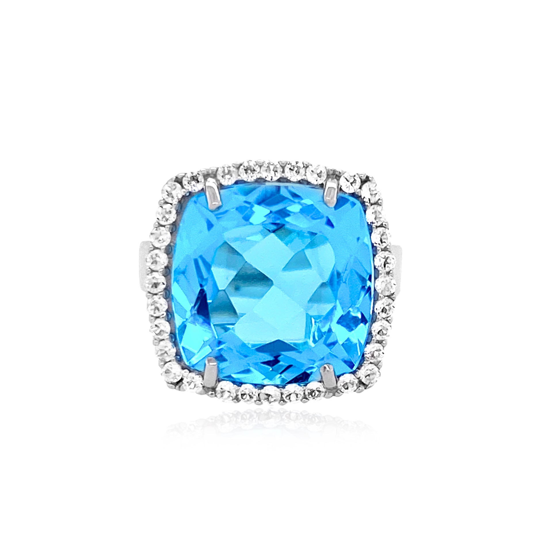 Sterling Silver Cushion Cut Blue Topaz Ring - Front View