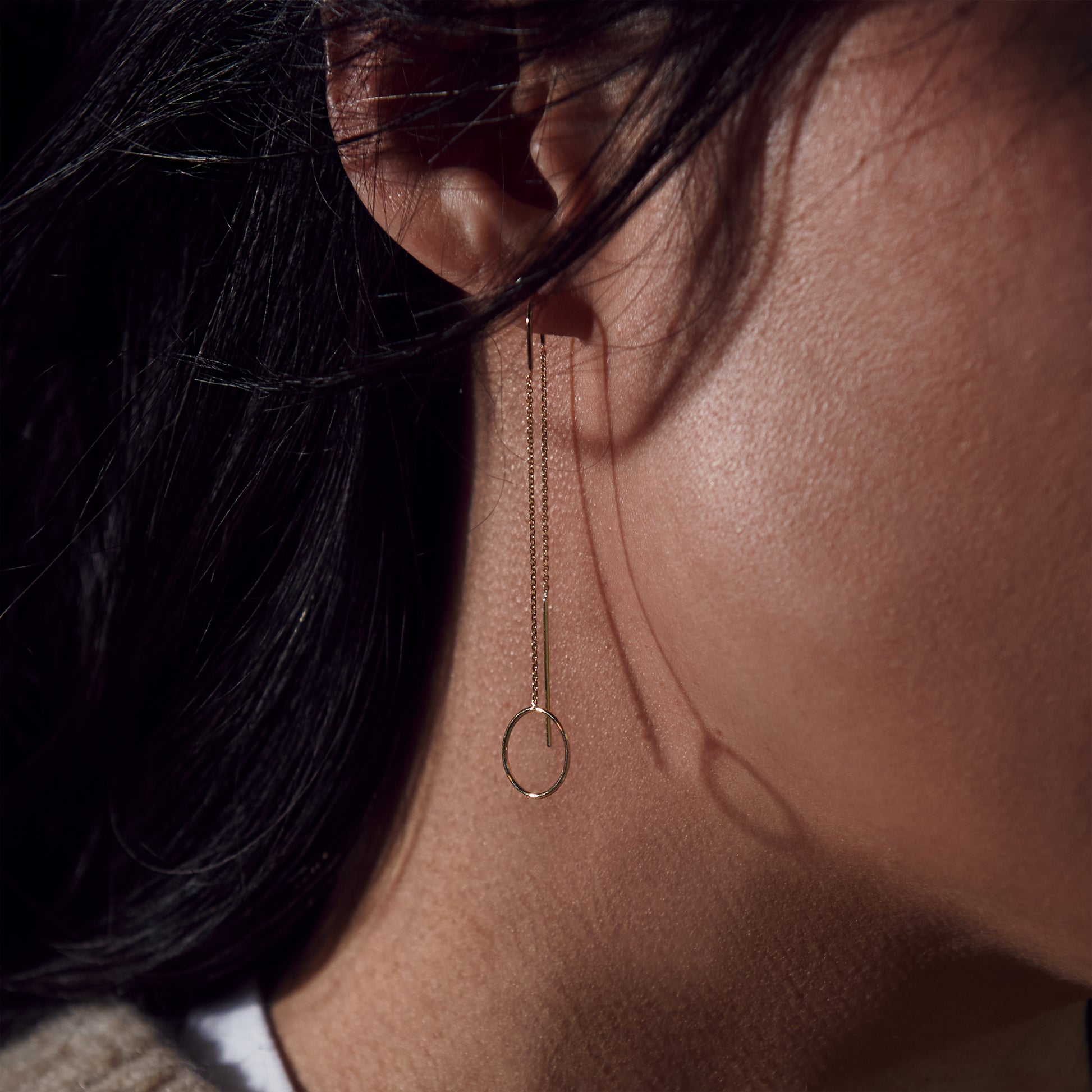 Yellow Gold Open Disk Threader Earrings - On Ear