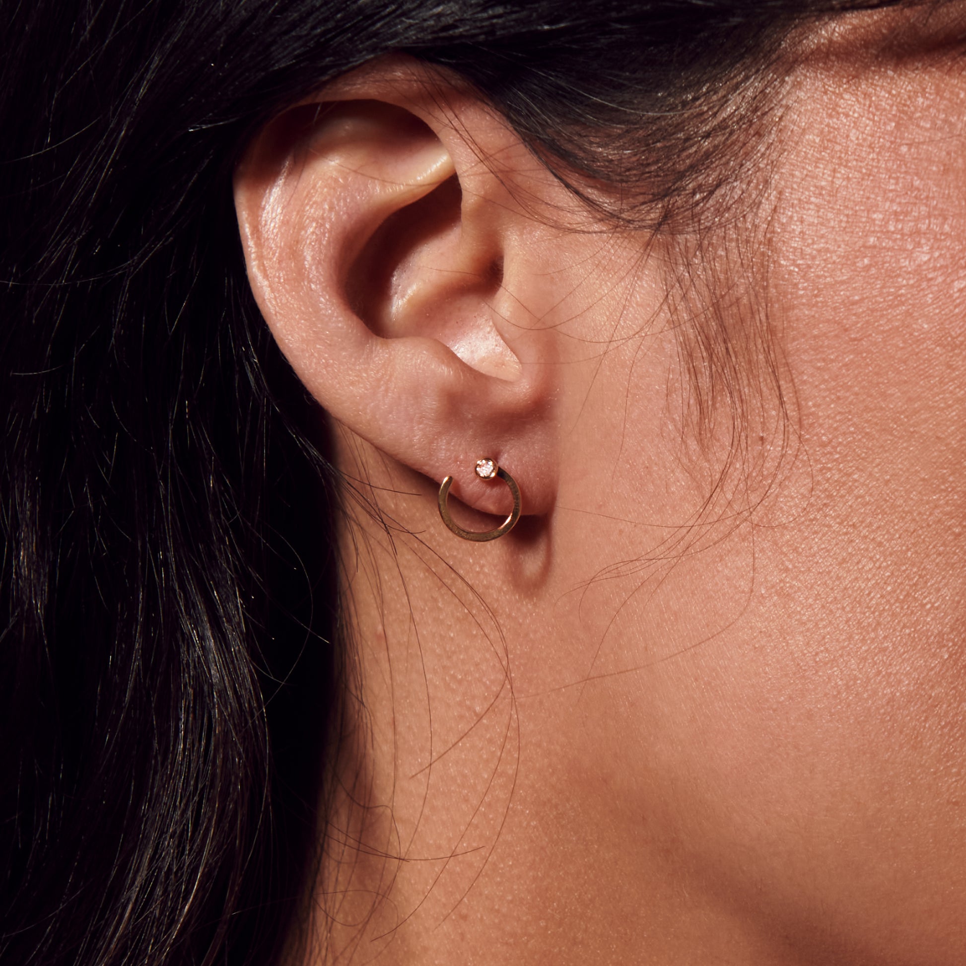 Yellow Gold Open Circle Studs with Diamonds - On Ear