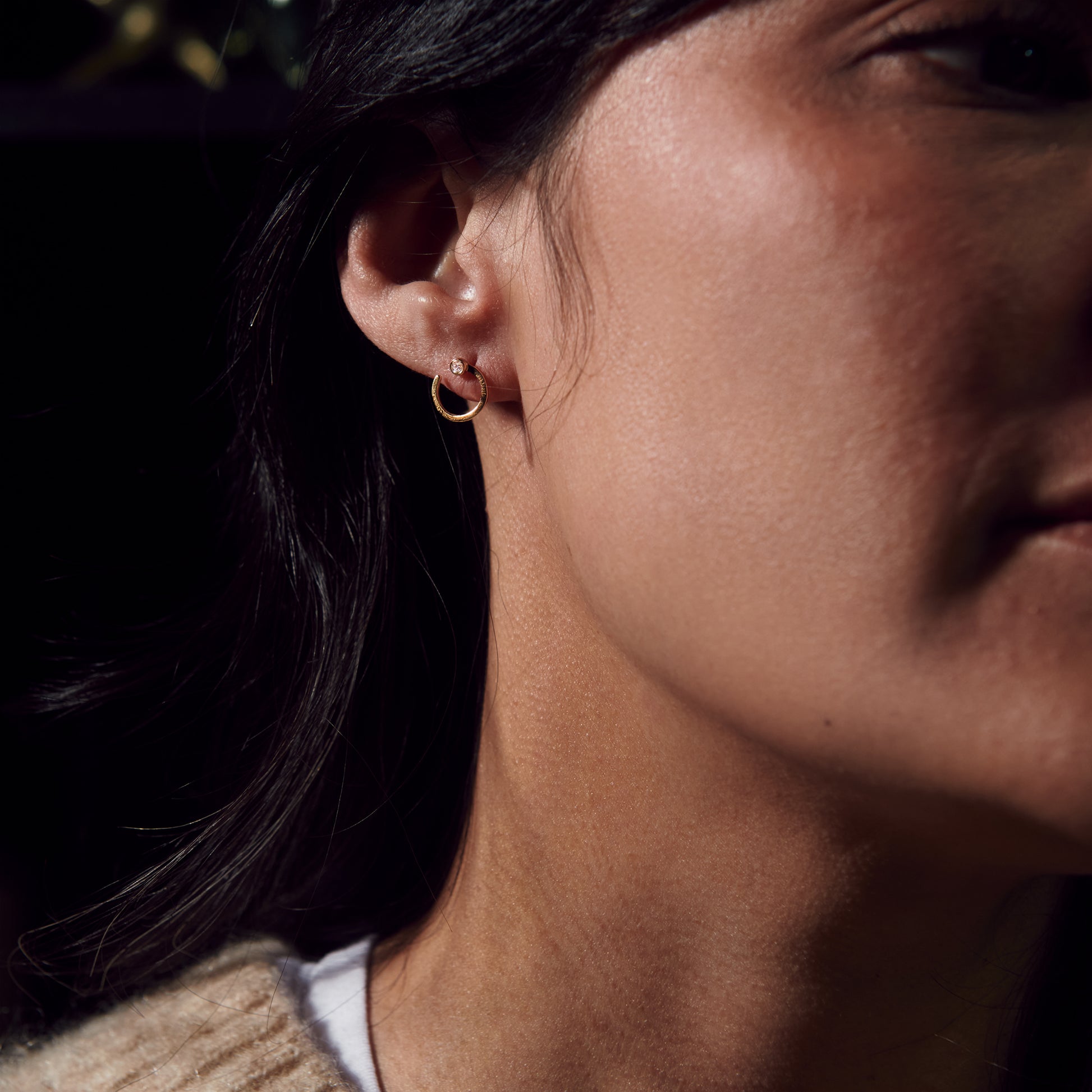 Yellow Gold Open Circle Studs with Diamonds - Styled