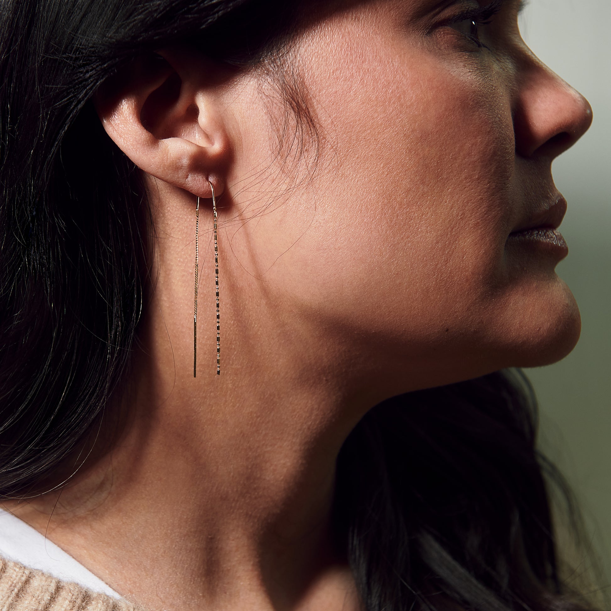 Yellow Gold Threader Earrings - On the Ear