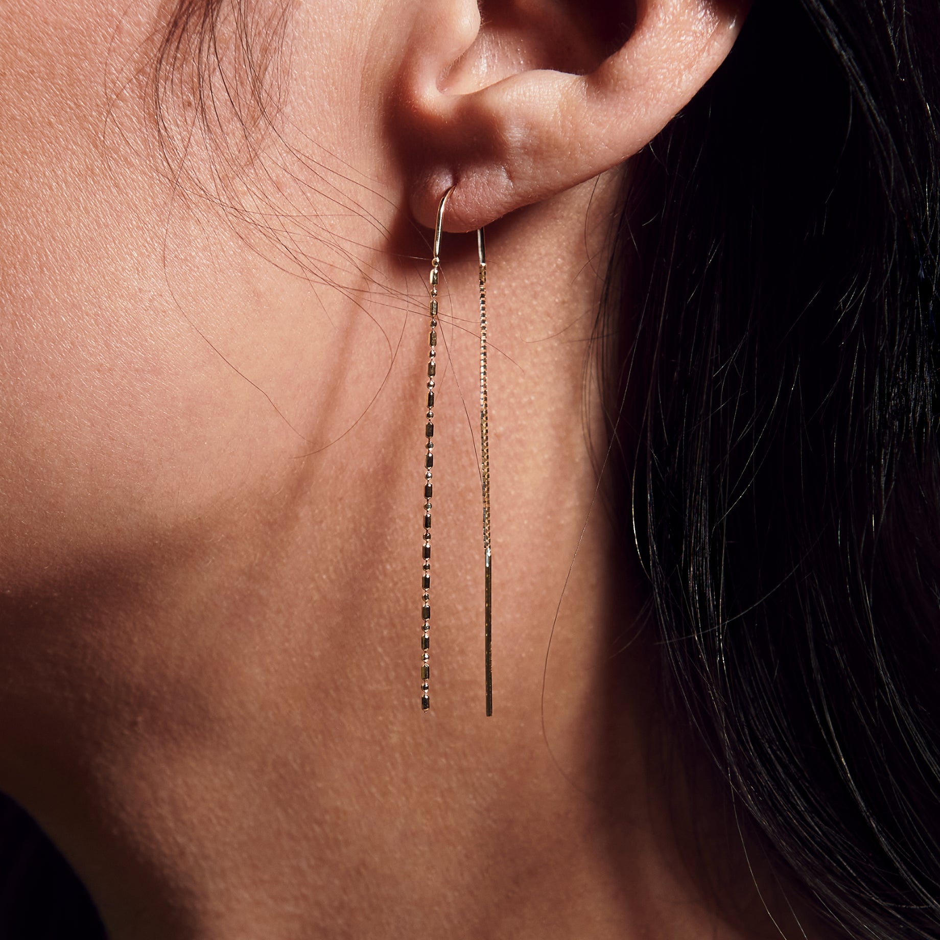 Yellow Gold Threader Earrings - Close up on Ear