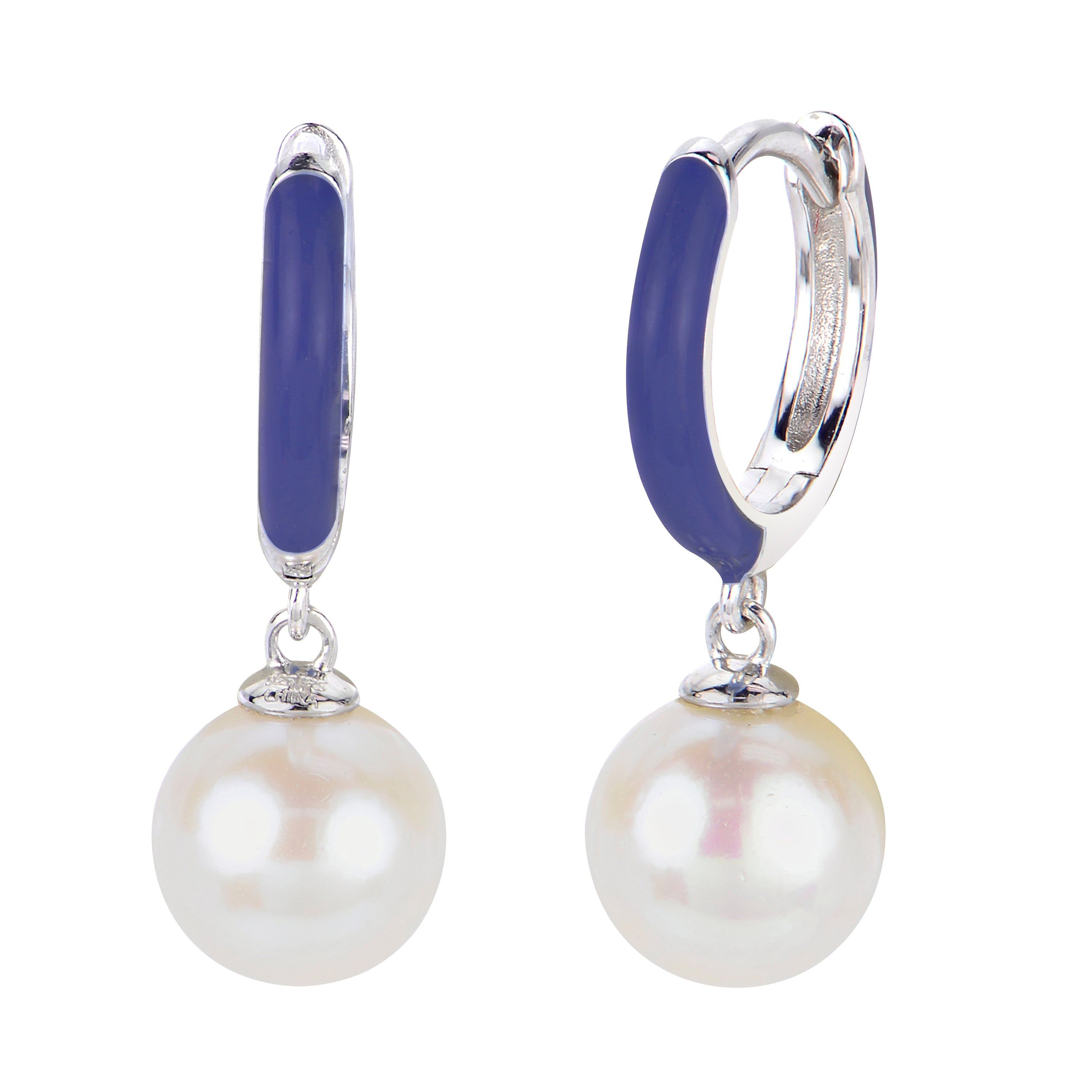 Sterling Silver Freshwater Pearl Blue Enamel Hoop Earrings