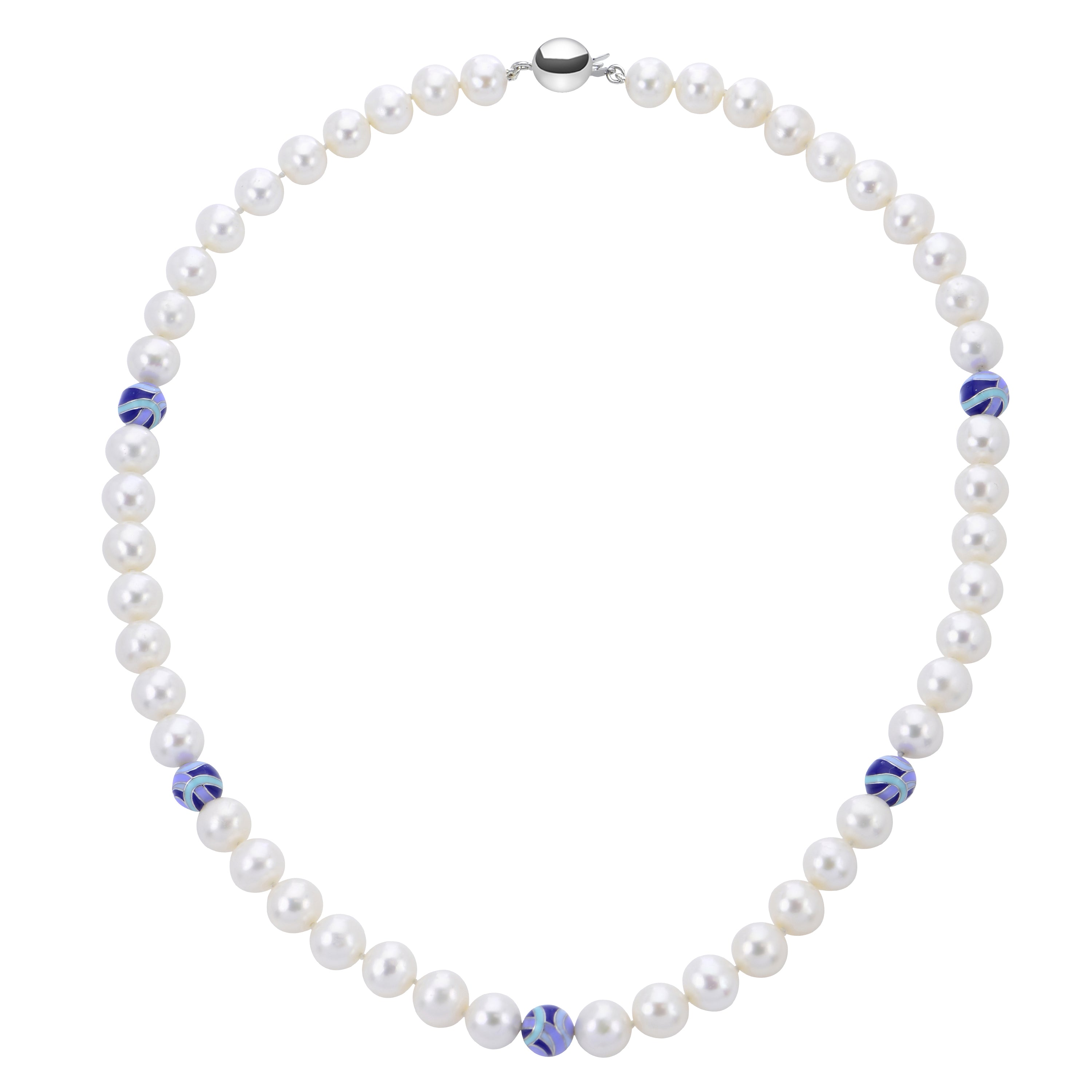 Sterling Silver Freshwater Pearl Necklace with Blue Enamel Beads