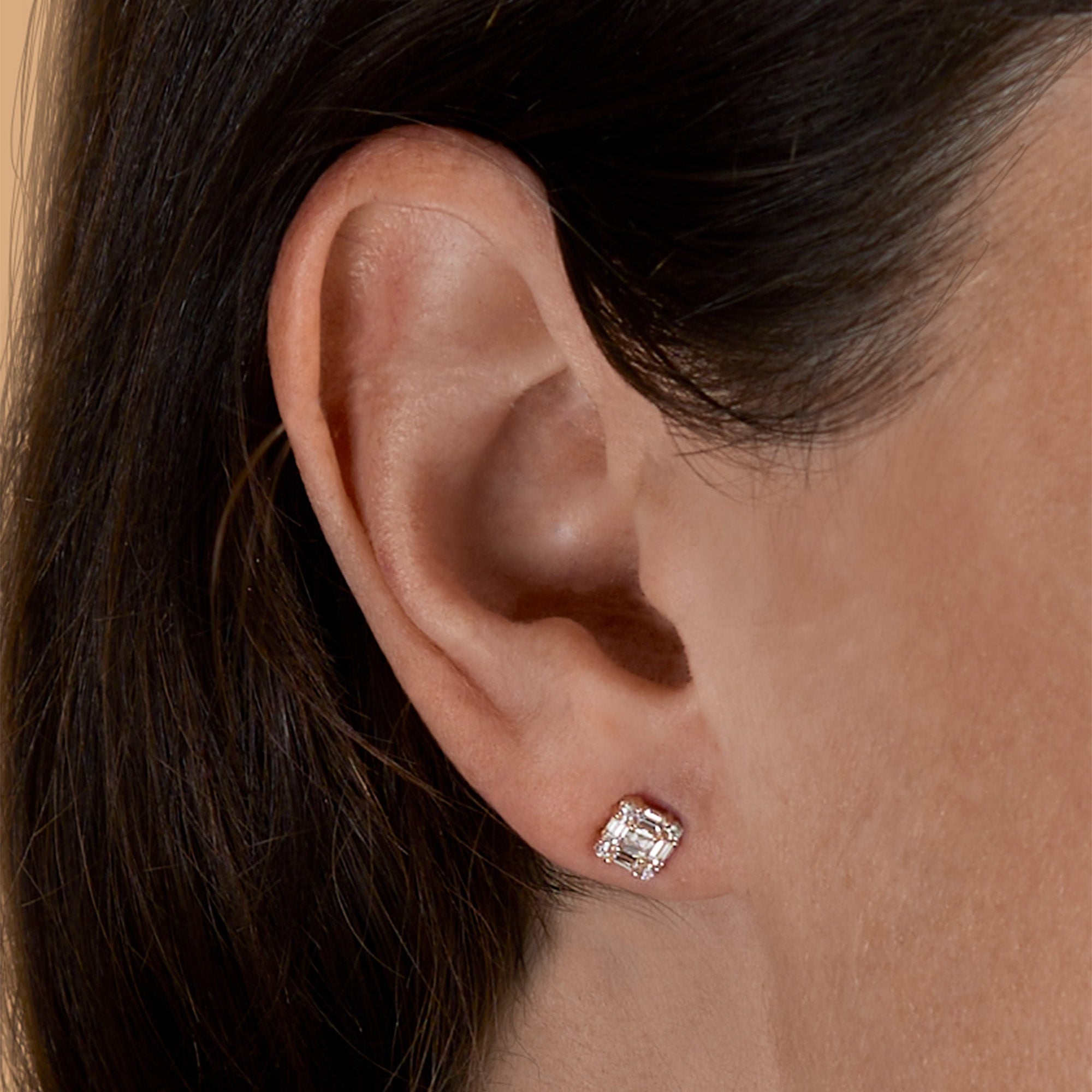 Yellow Gold Modern Diamond Ear Studs - On Ear