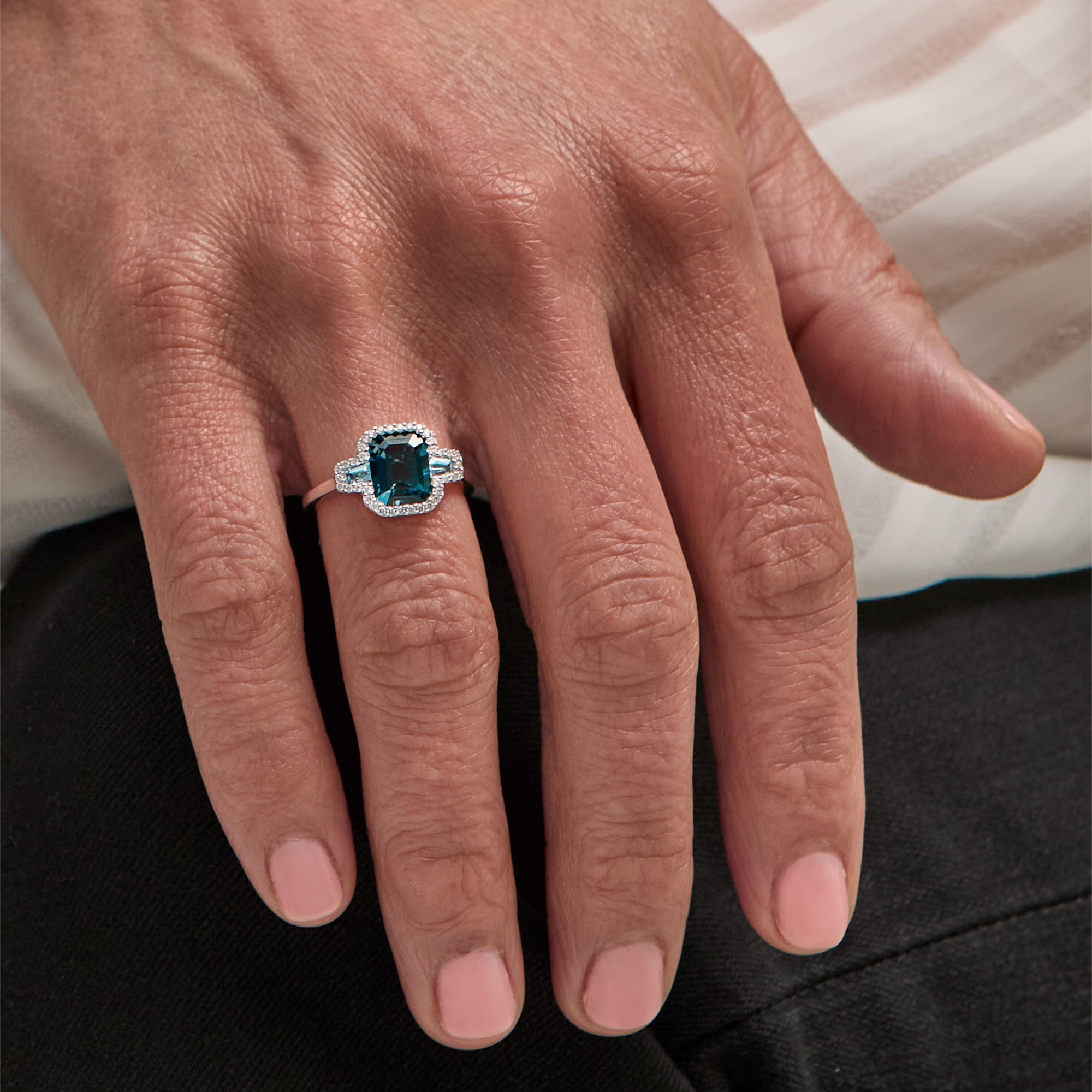 White Gold Emerald Cut Blue Topaz Ring  - On Hand