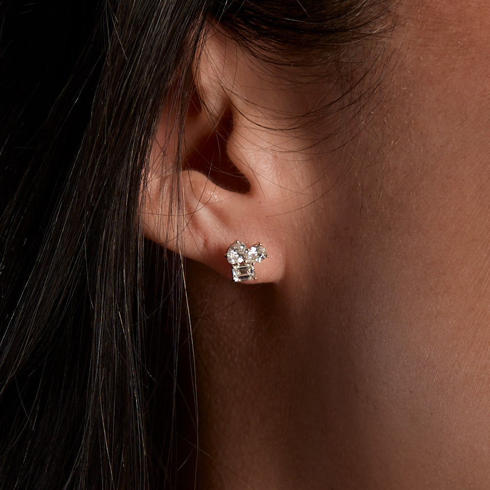Yellow Gold Multi-Shaped Diamond Studs - On Ear
