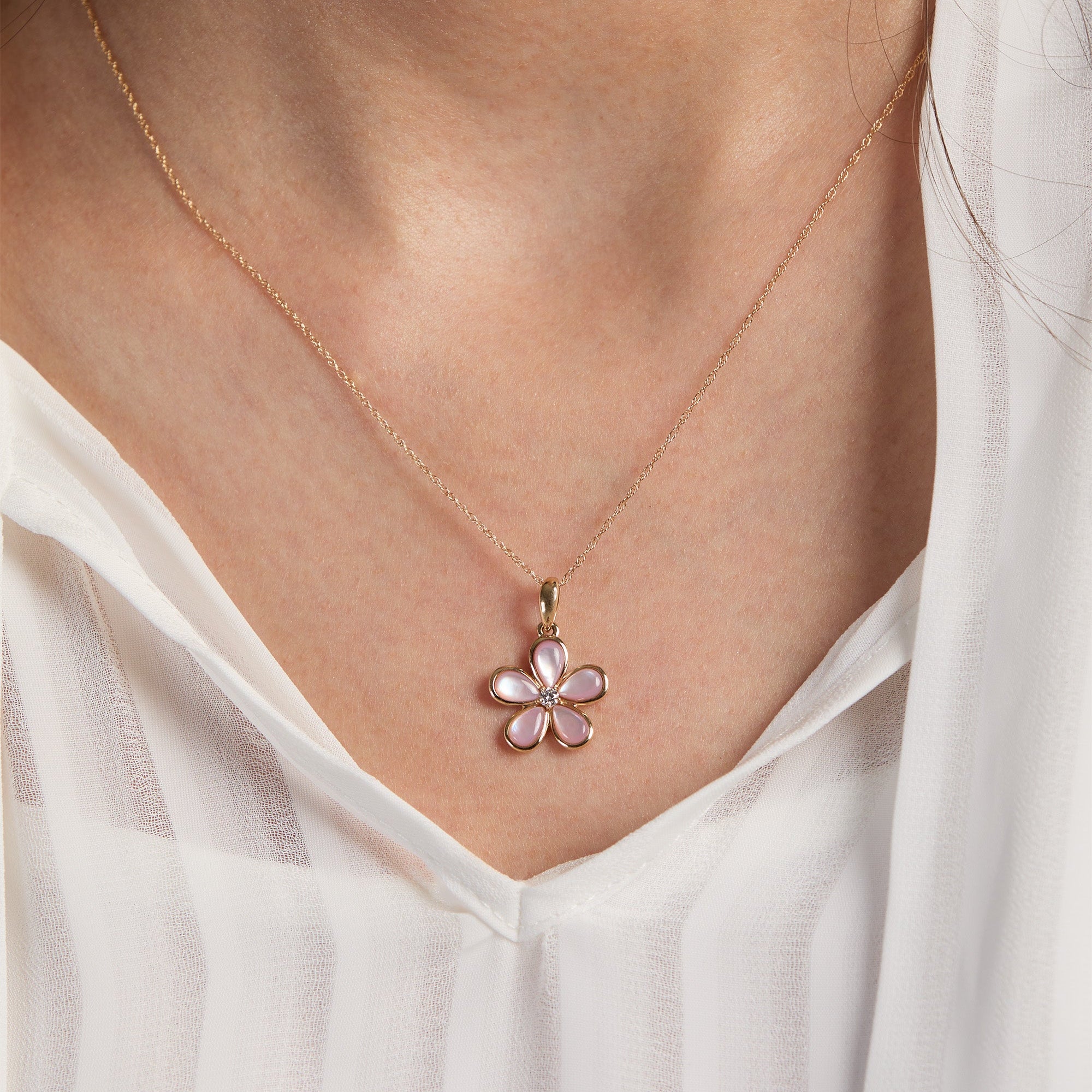Yellow Gold Mother of Pearl Plumeria Necklace - On Neck