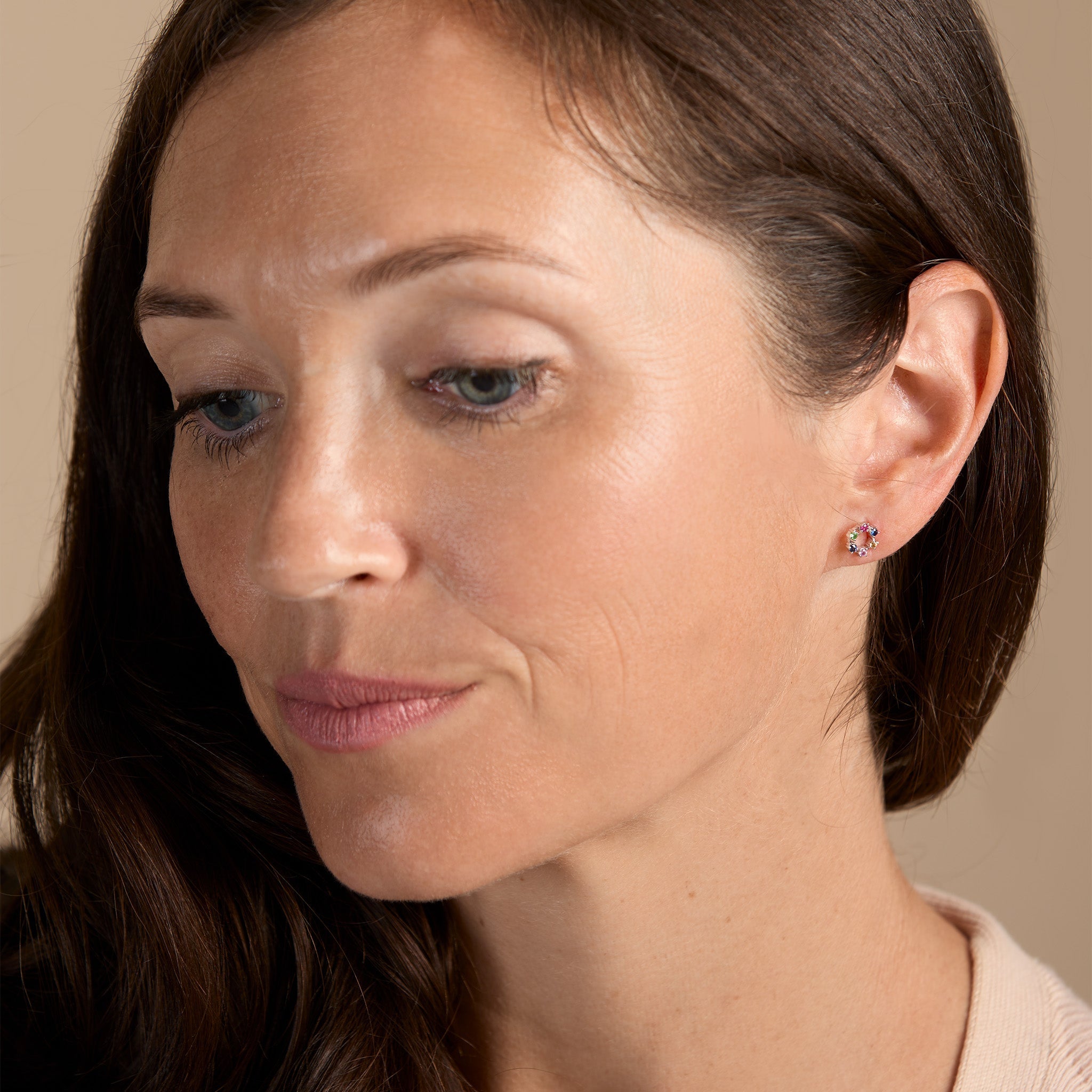 White Gold Rainbow Sapphire Circle Studs - Styled