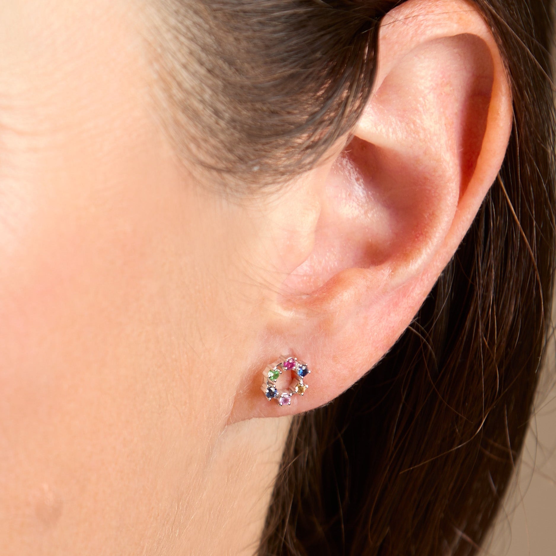 White Gold Rainbow Sapphire Circle Studs - On Ear