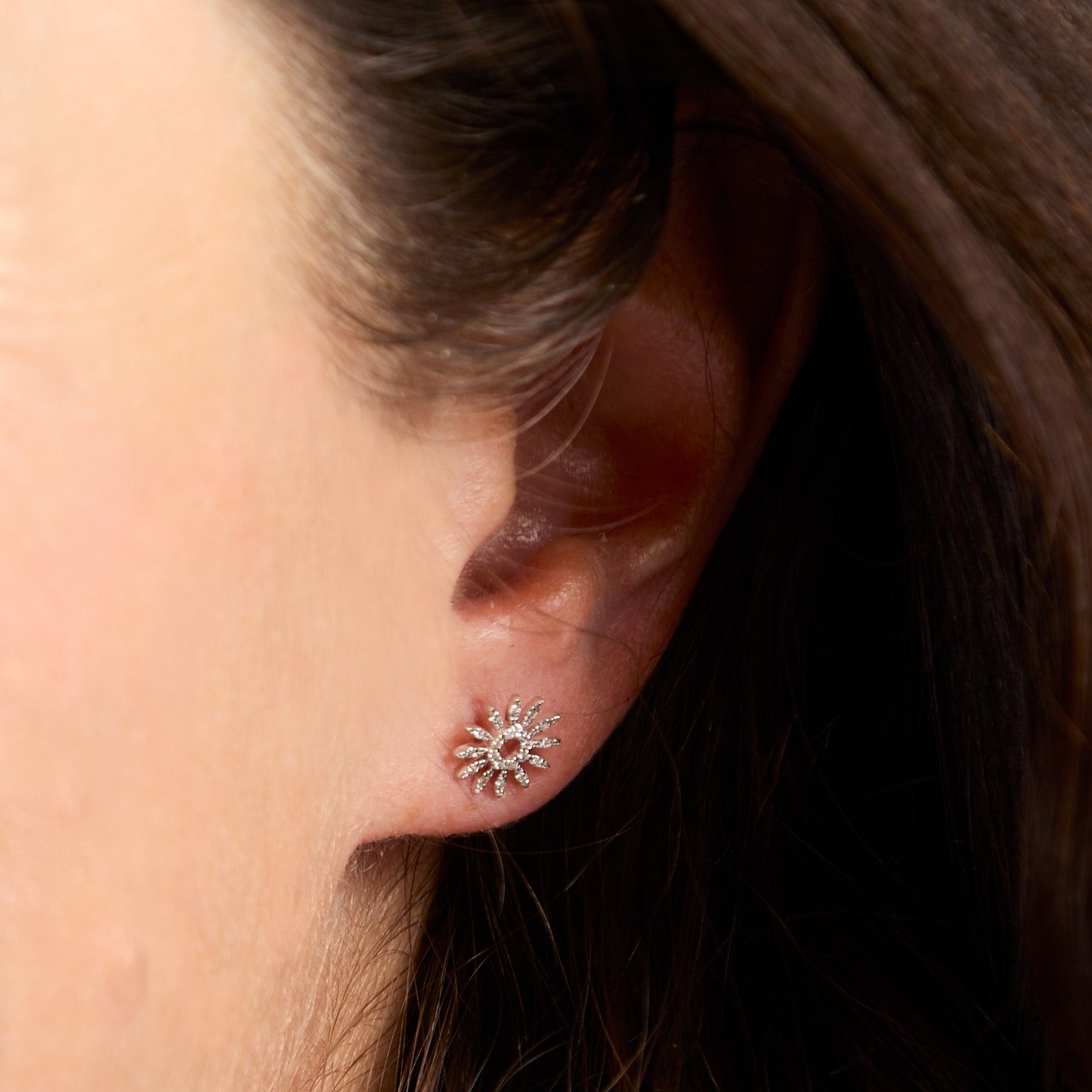 White Gold Starburst Diamond Studs - On Ear