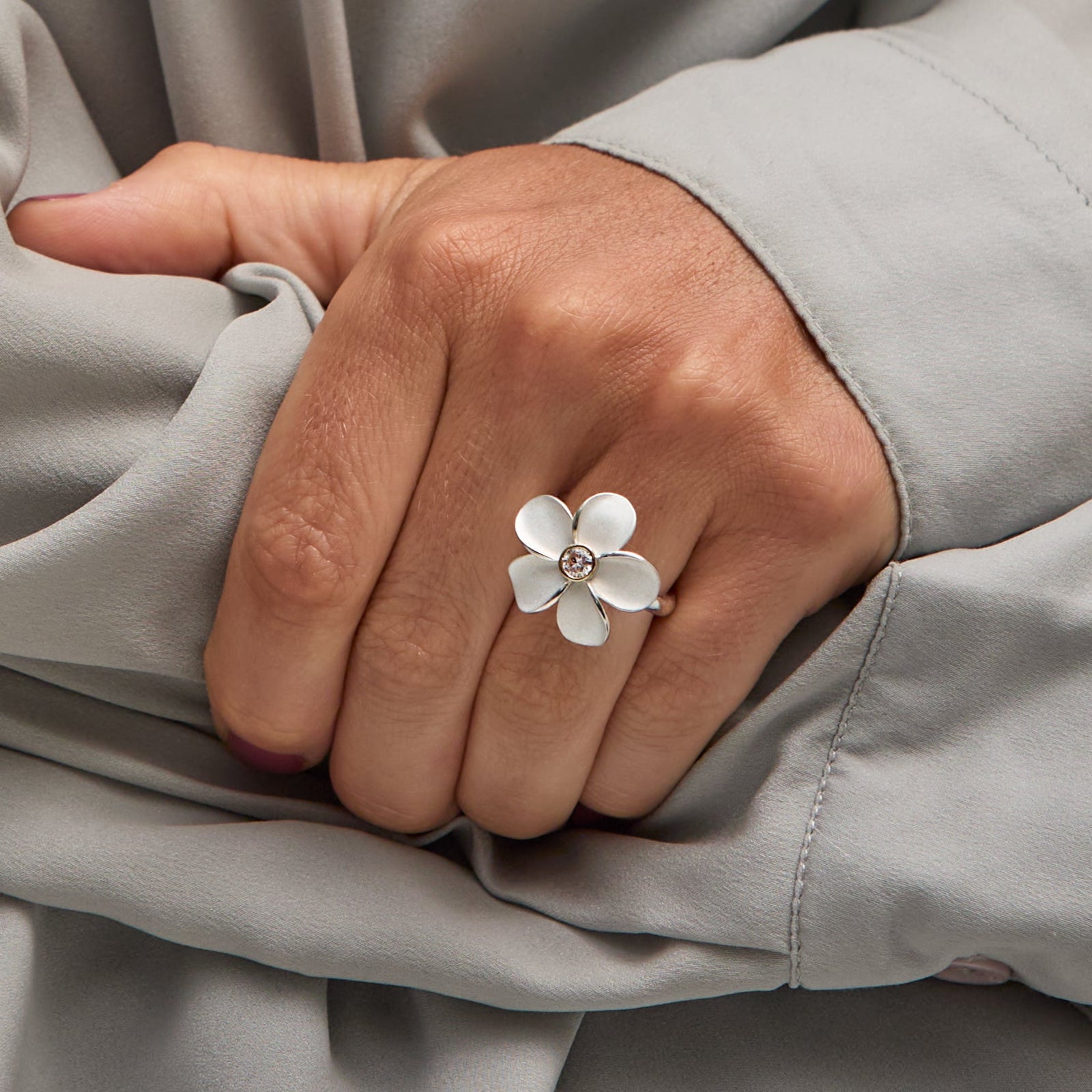 Sterling Silver and Diamond Plumeria Statement Ring – Size 7 - Close Up