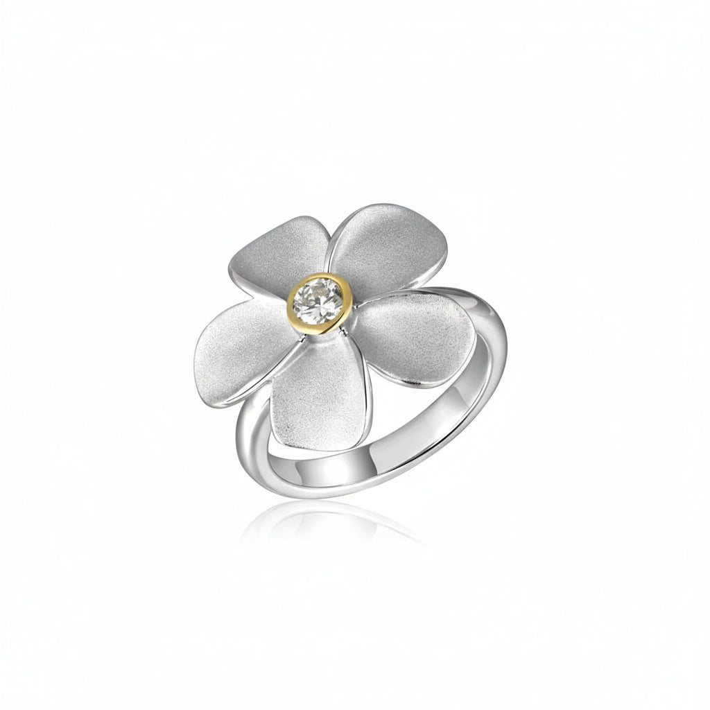 Sterling Silver and Diamond Plumeria Statement Ring – Size 7