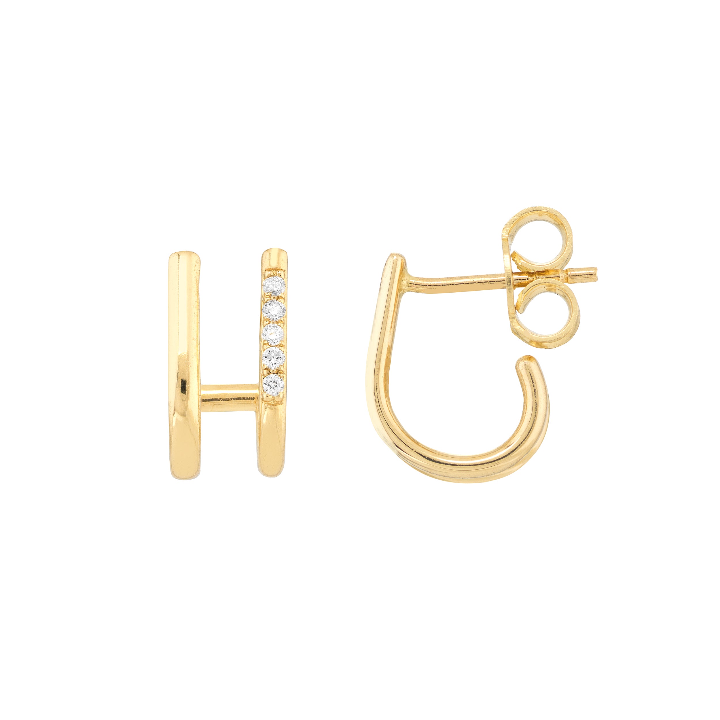 Yellow Gold Diamond Double Curve Hoop Earrings - Side Profile