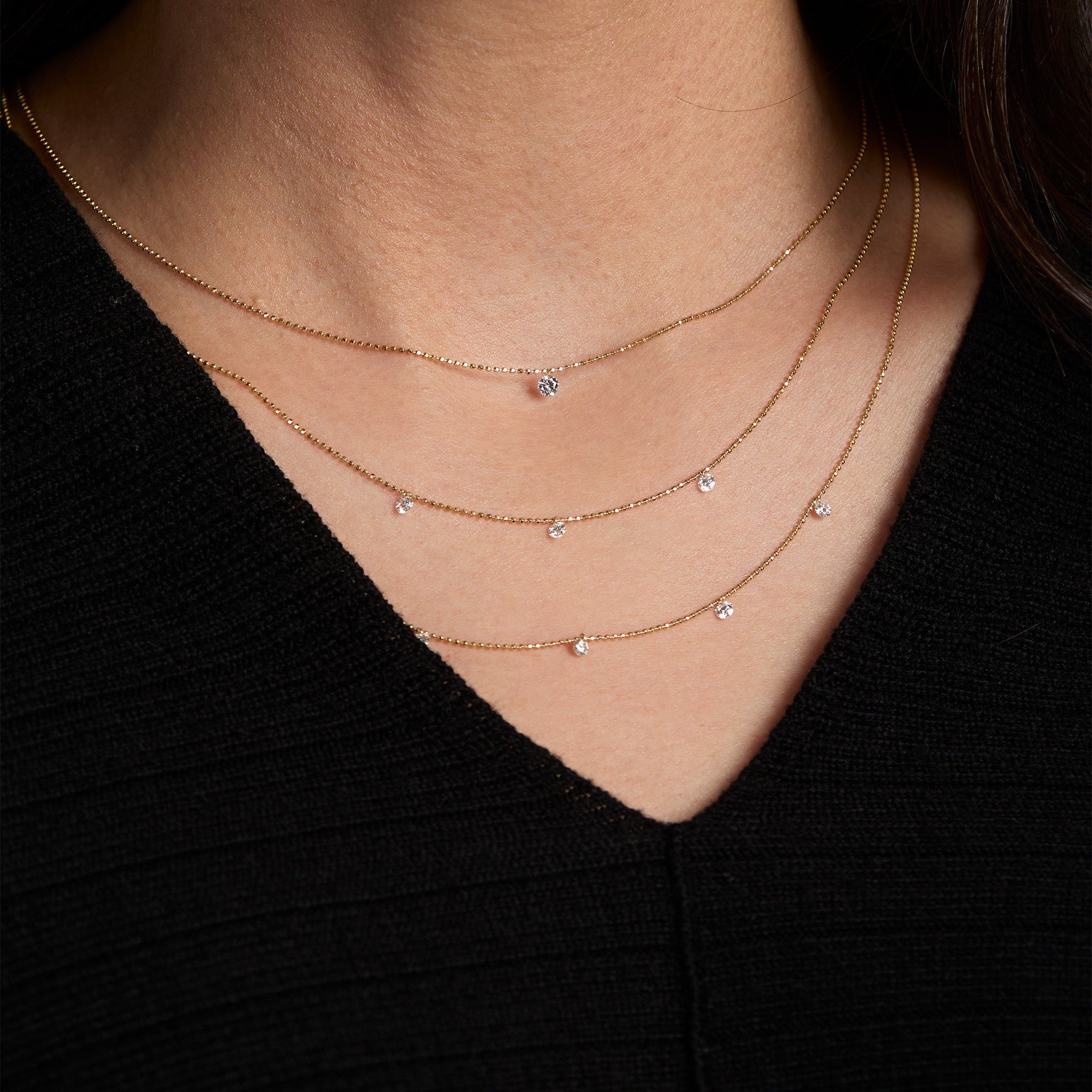 Yellow Gold Dancing Diamonds Necklace - FULL STACK - On Neck