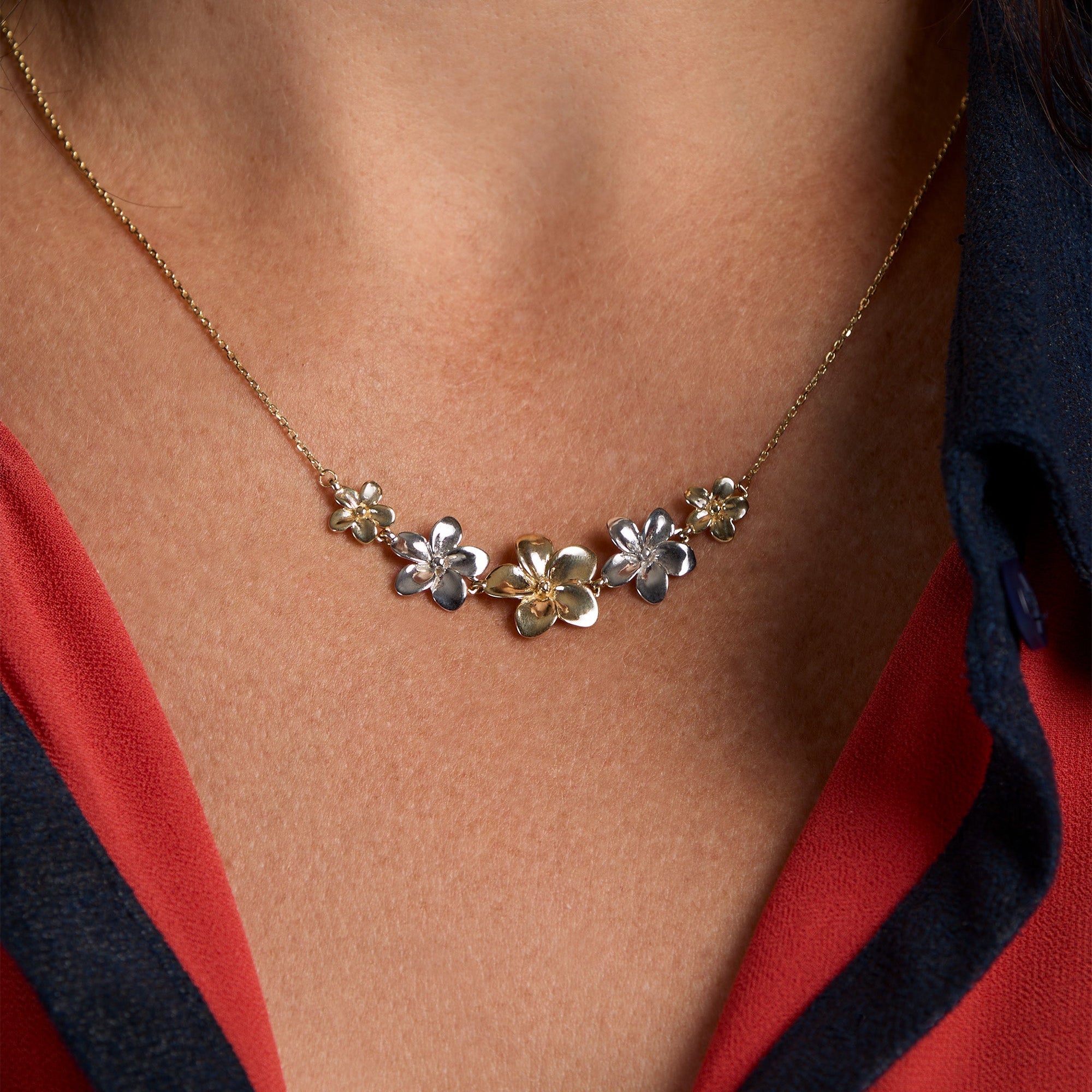 10k Two-Tone Gold Flower Necklace – 18" - On the Neck
