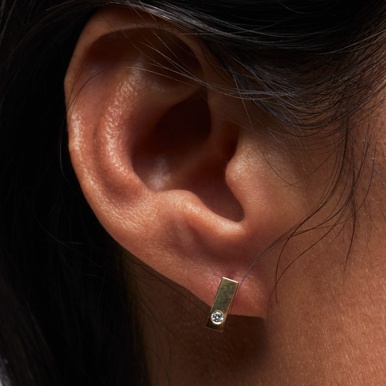 Yellow Gold Bar Earrings with Diamonds - On Ear
