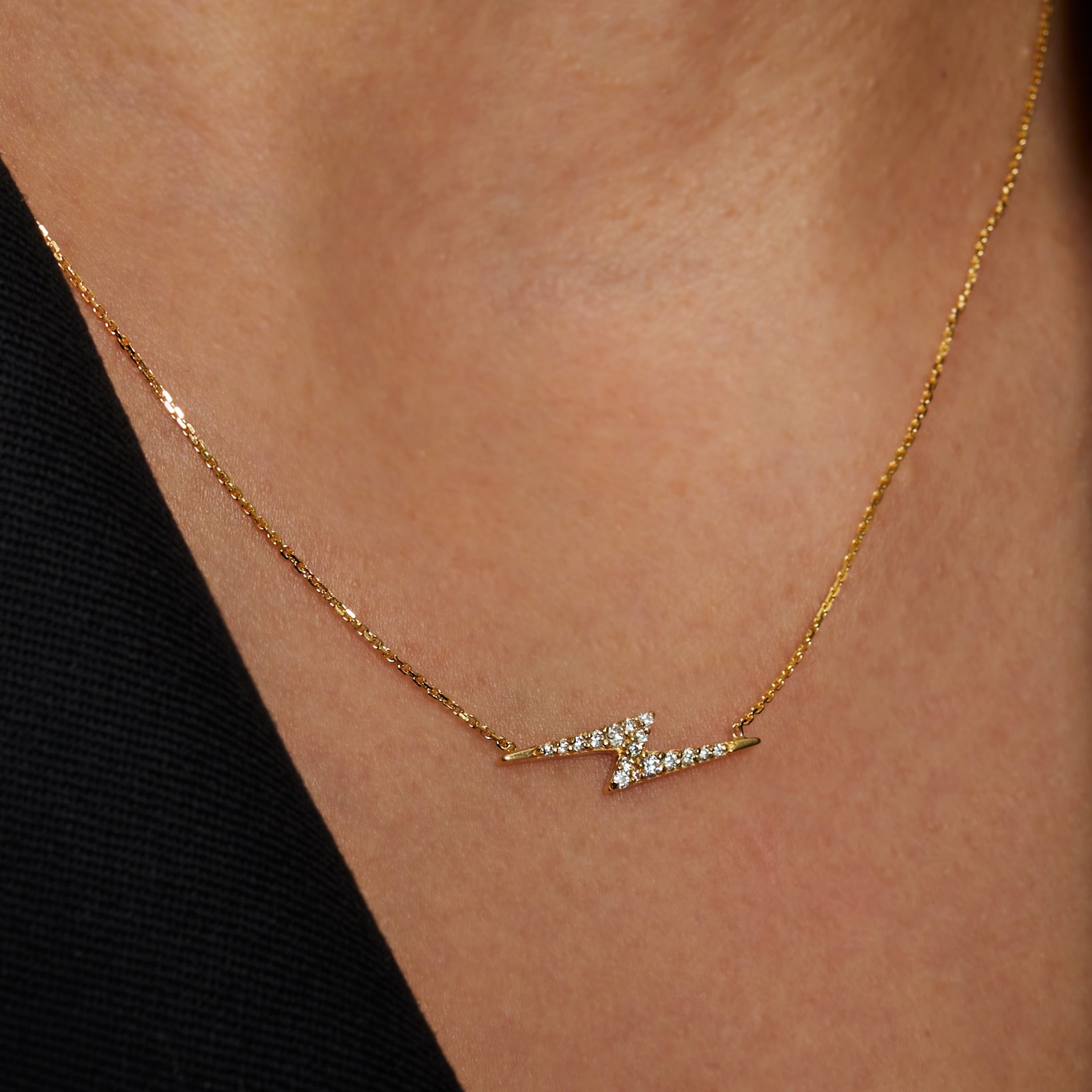 Yellow Gold Thunder Bolt Necklace - 18" - On Neck