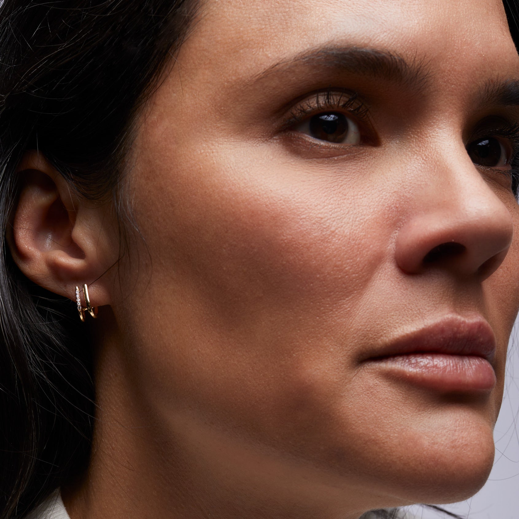 Yellow Gold Diamond Double Curve Hoop Earrings - Styled