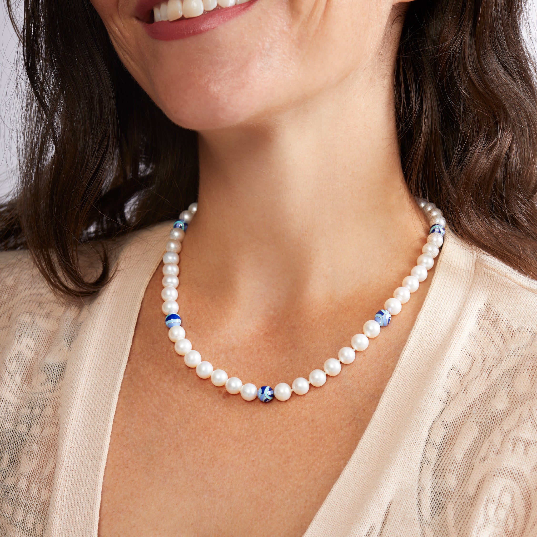 Sterling Silver Freshwater Pearl Necklace with Blue Enamel Beads - On The Neck